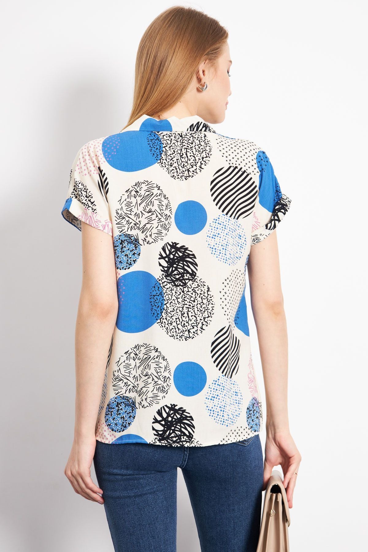 Woman Blue Patterned Short Sleeve Shirt ARM-221052