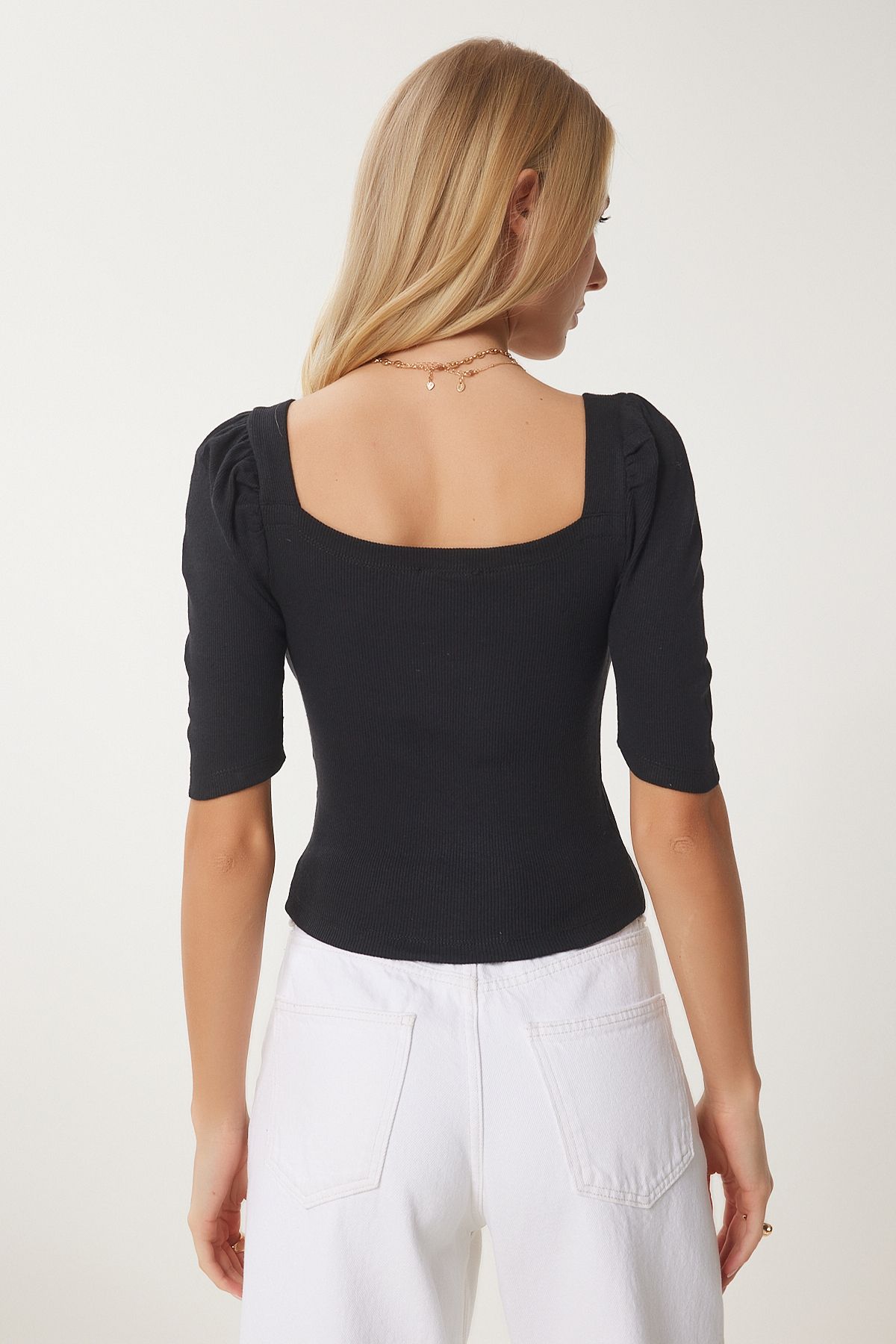 Female Black Square Collar Crop Blouse GT00007