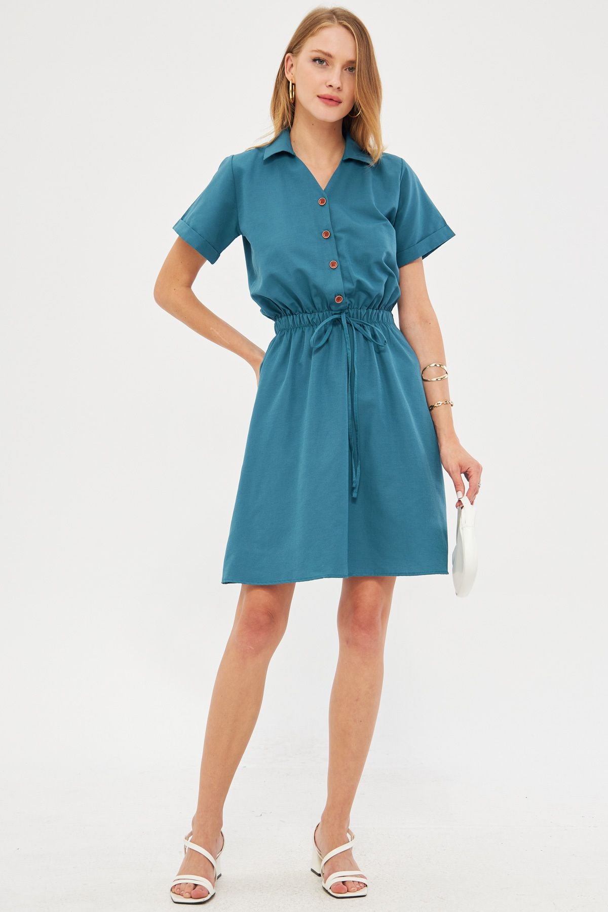 Female turquoise waist tire short sleeve shirt dress ARM-23Y001035