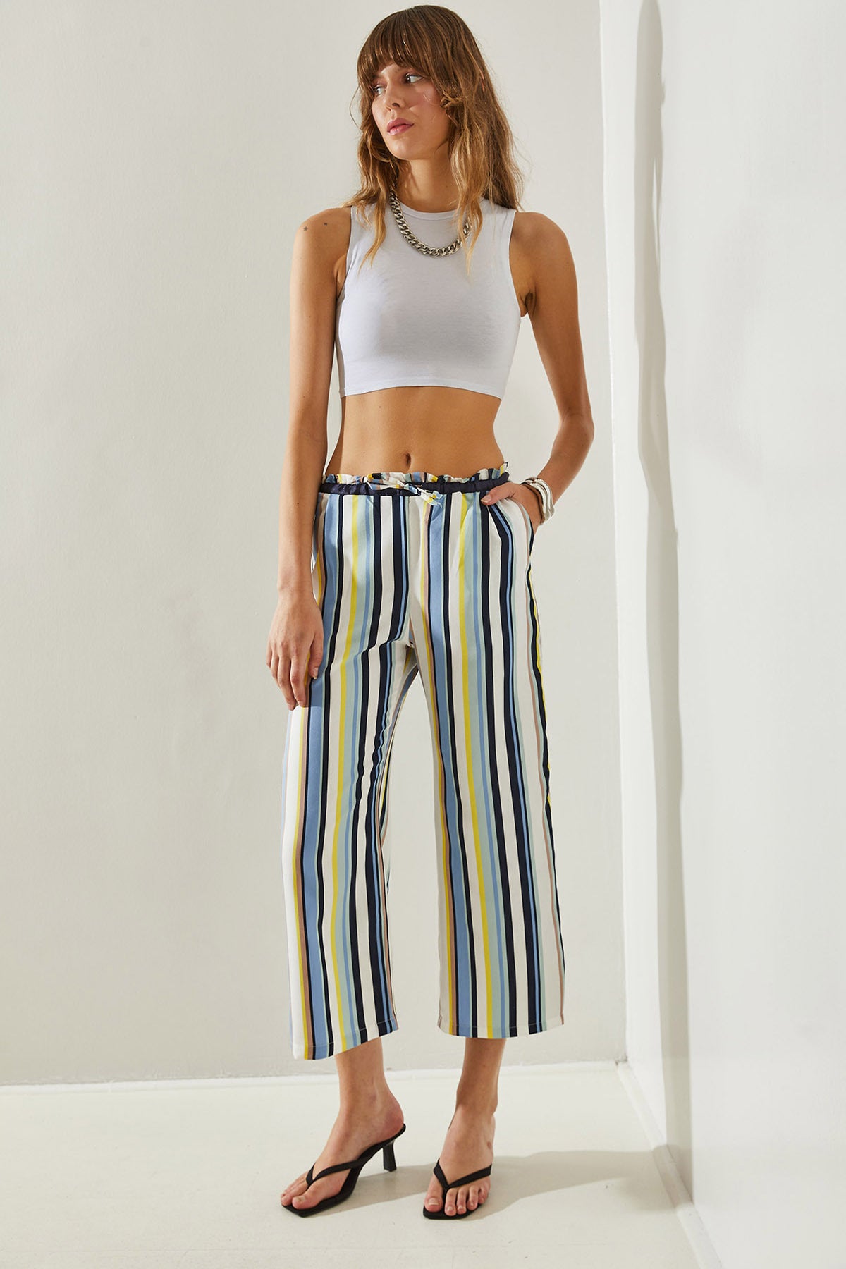 Women's Striped Elastic Waist Tie Palazzo Trousers 60251355