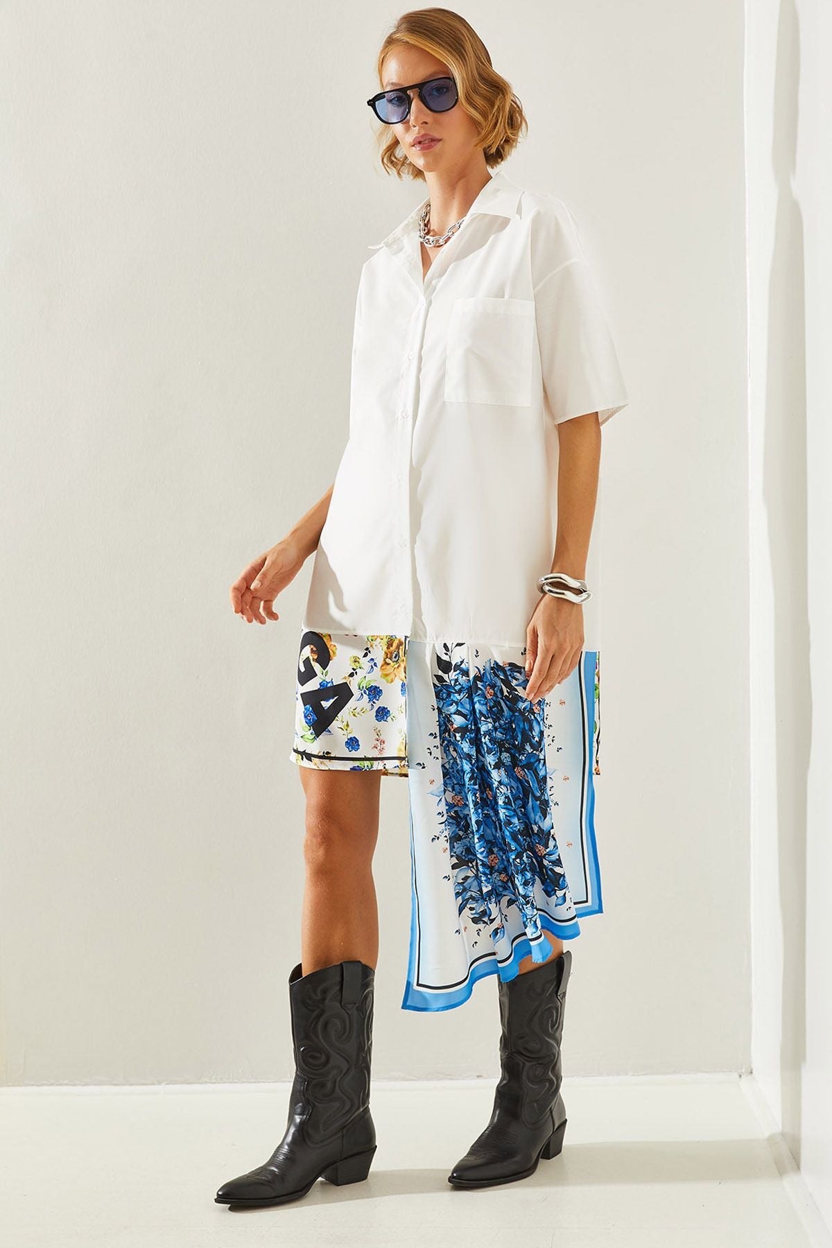 Female asymmetric satin skirt detailed shirt dress 21262 60251492