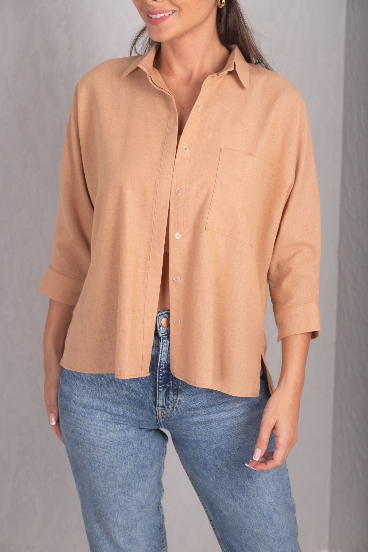 WOMEN'S LIGHT COFFEE POCKET SALAŞ Linen Shirt ARM-21Y001035