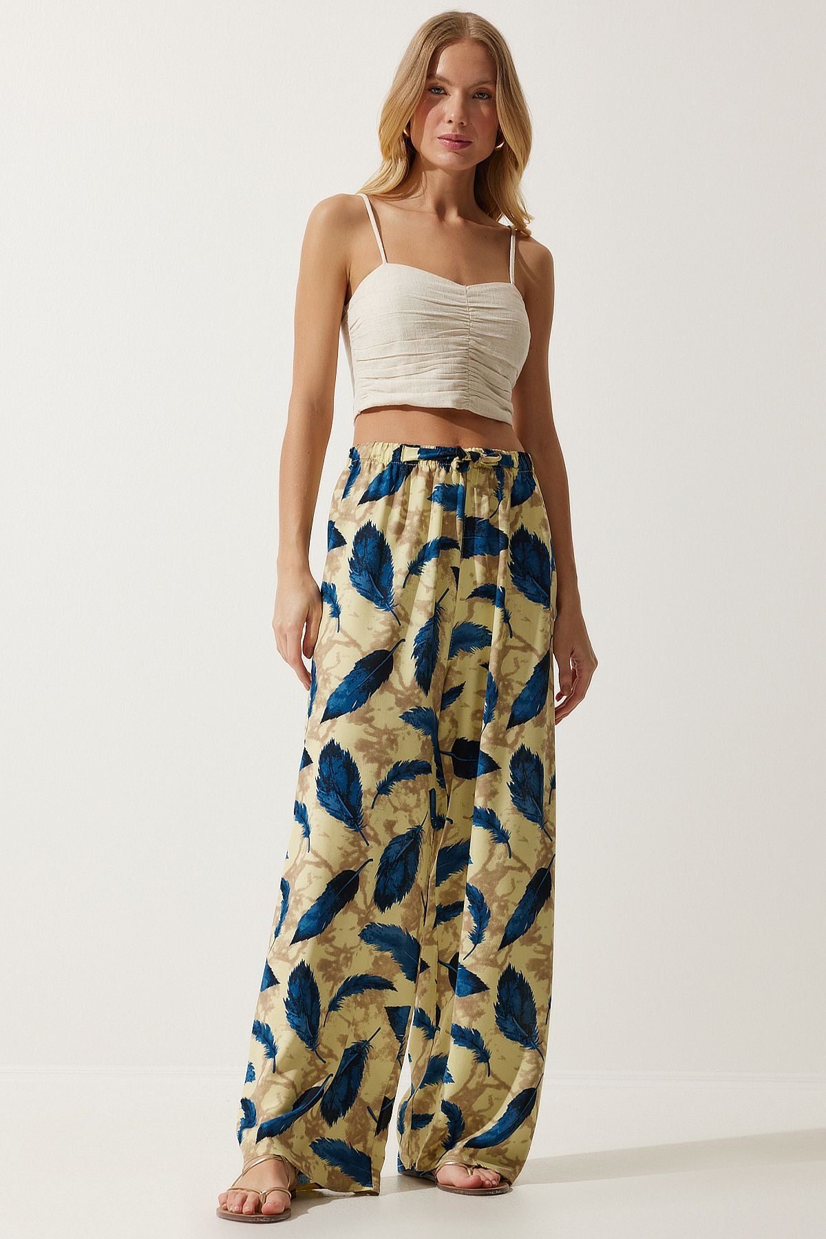 Woman Yellow Navy blue high waist summer plenty of viscose pants BH00354