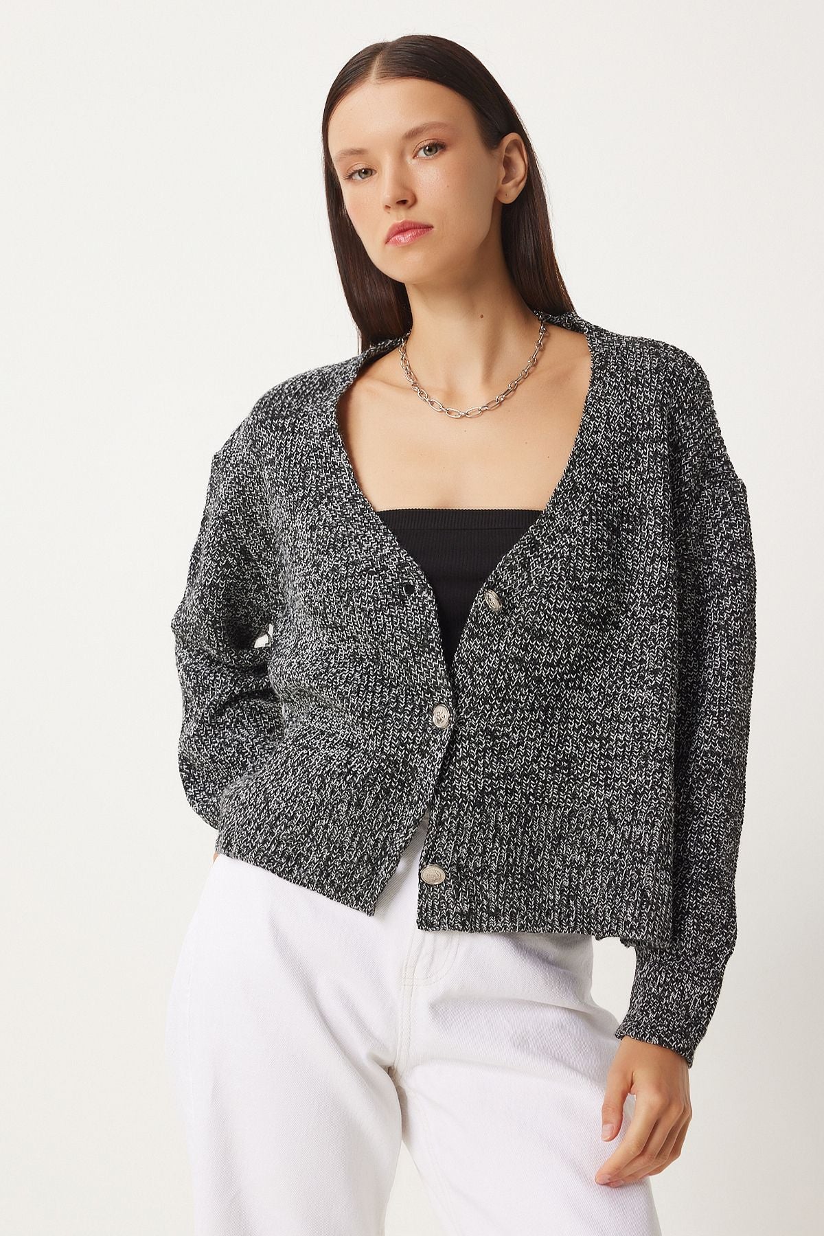 Women's Gray Melanj Kırçıllı V neck knitwear cardigan FN03338