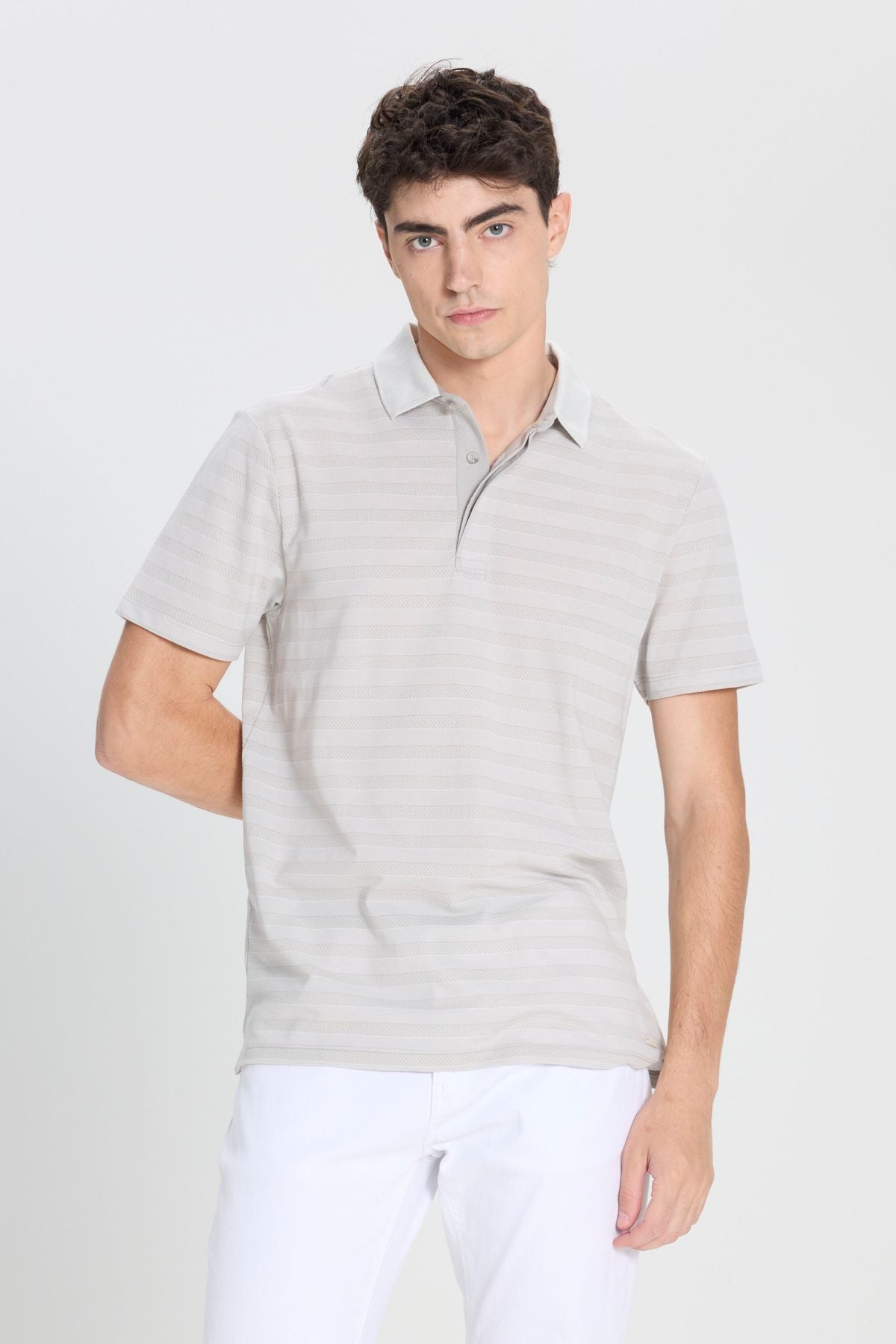 Men's gray slim fit narrow cut polo collar striped T -shirt