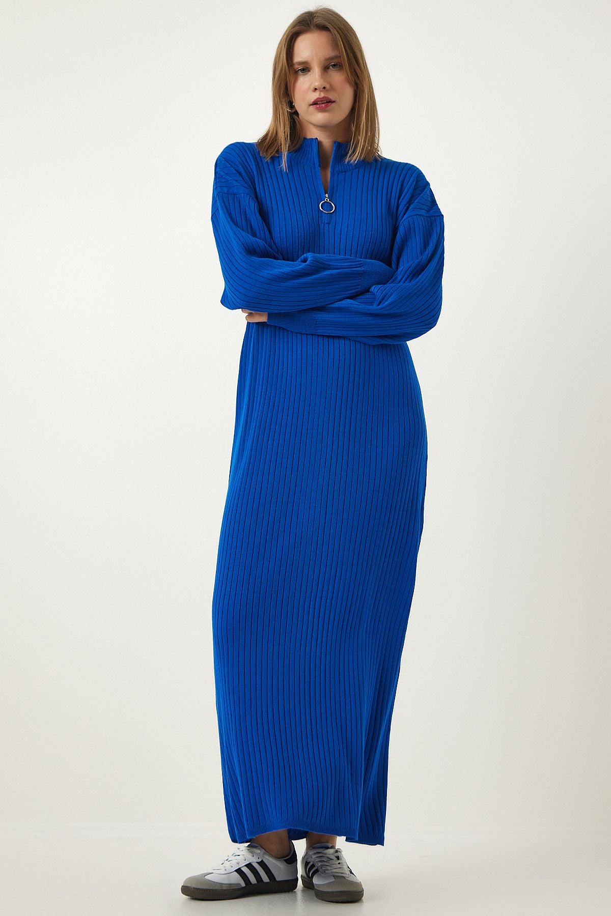 Women's Blue Zippered collar wick long knitwear dress DD01295