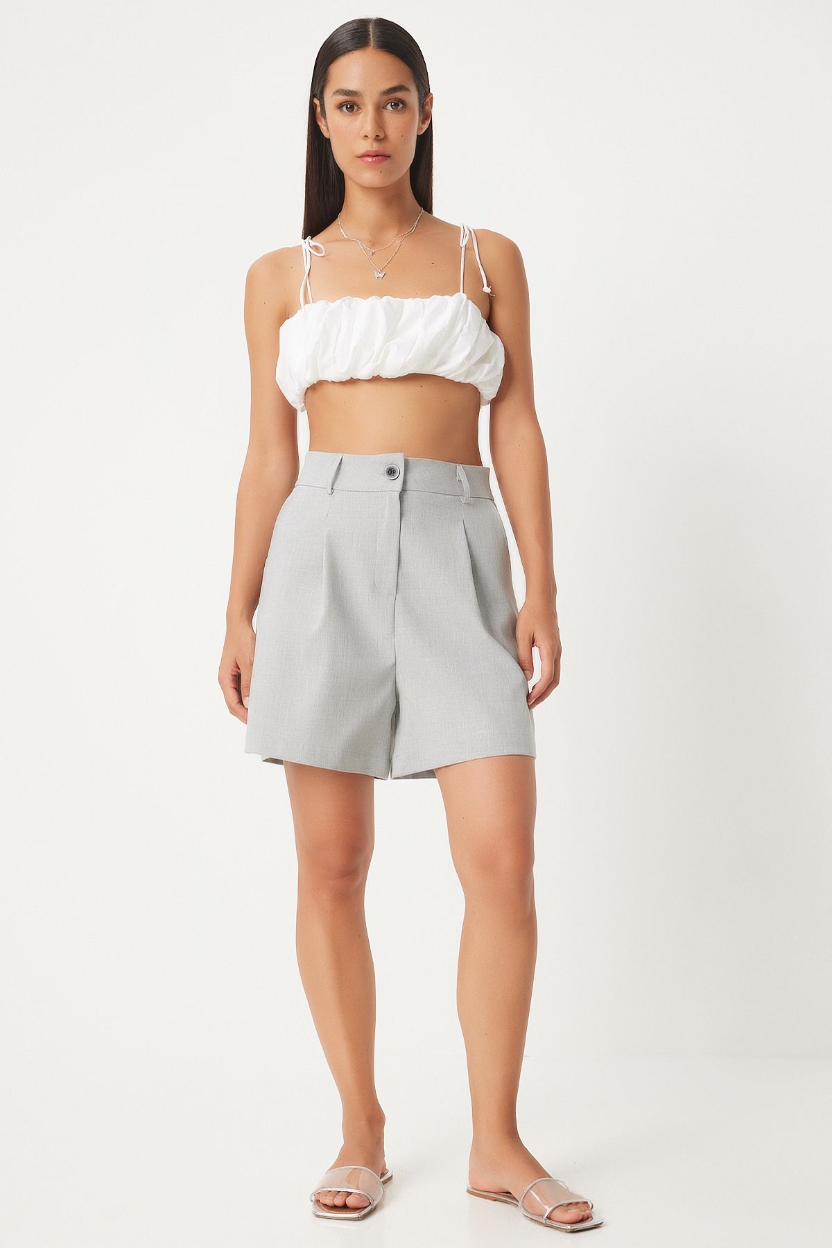 Female Gray Pleated viscose shorts to00146