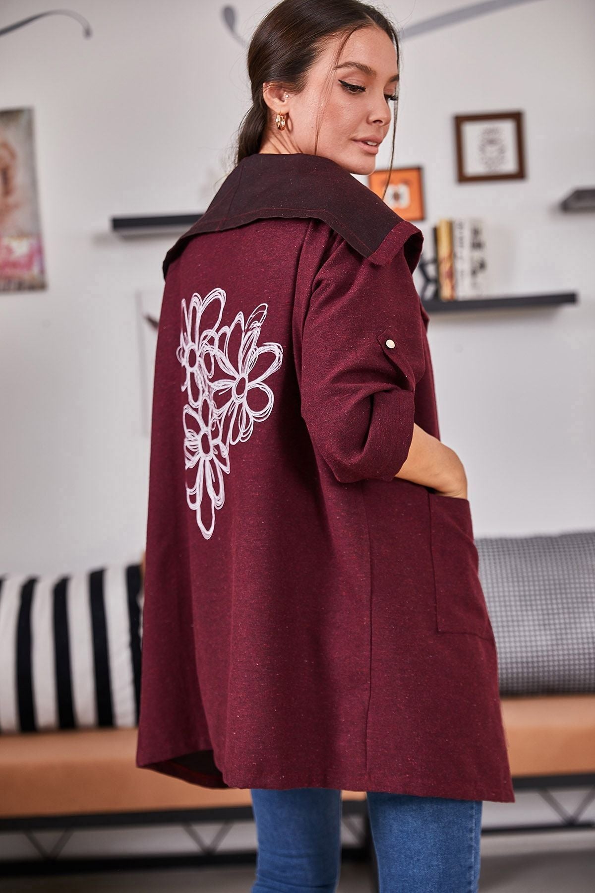 Female Bordeaux R back Flower Printed Seasonal Jacket ARM-20K024030