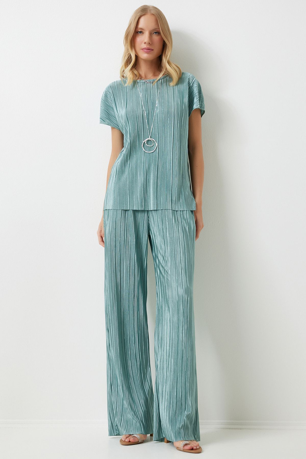 Female Water Green Pilisable Casual Blouse Pants Set Mc00283