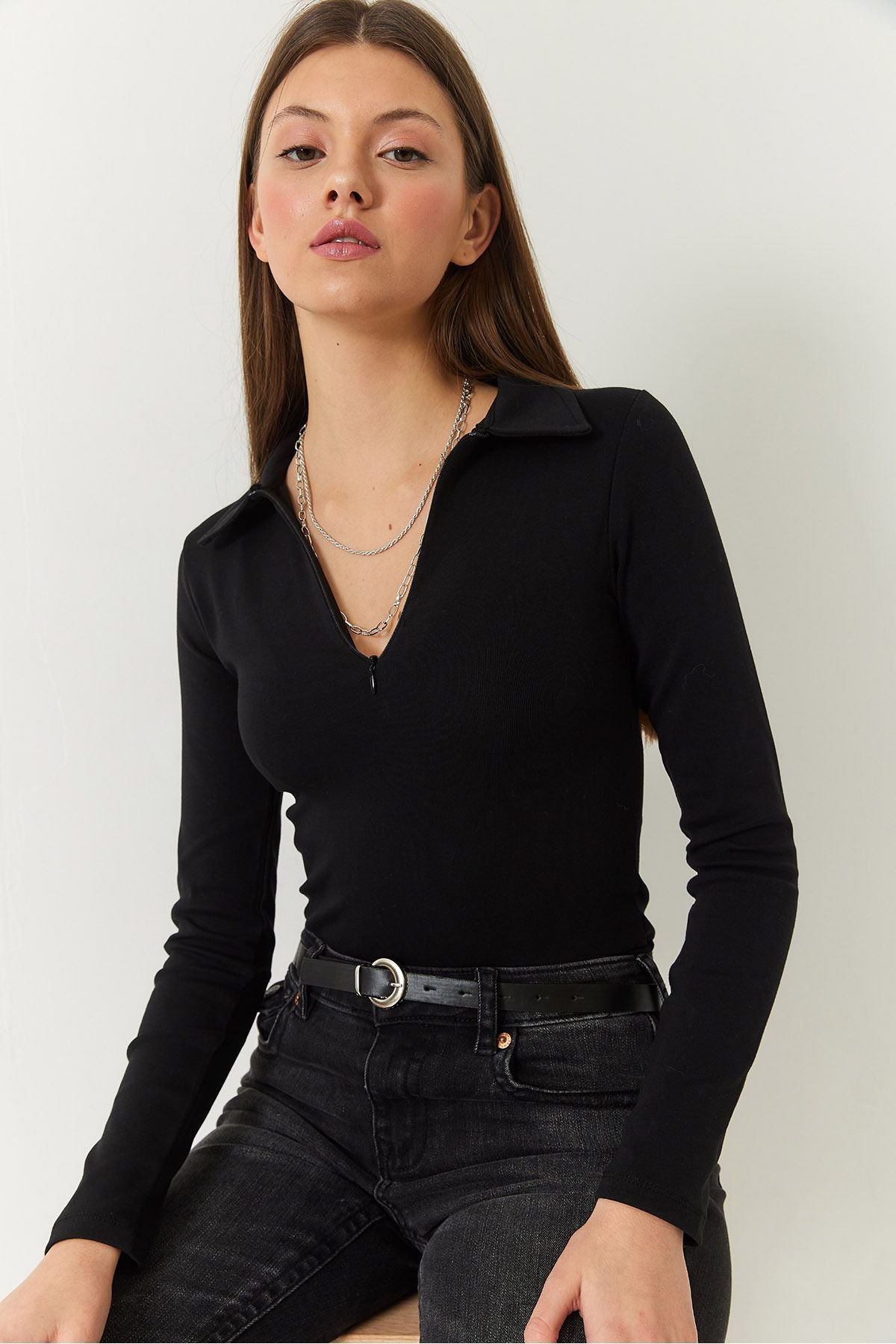 Female Polo Yaka Zippered Blouse 60261297
