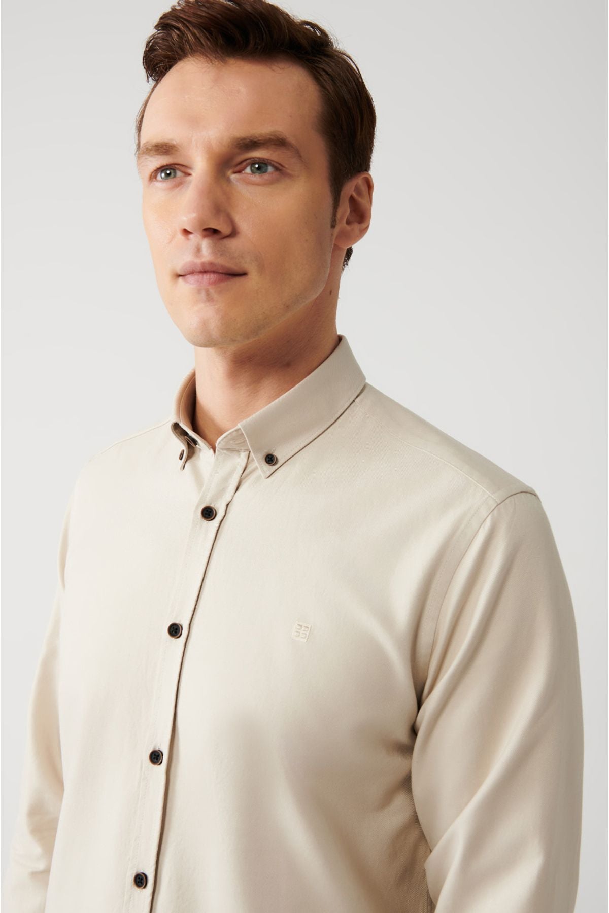 Men's beige 100 %cotton button with collar shirt A32Y2120