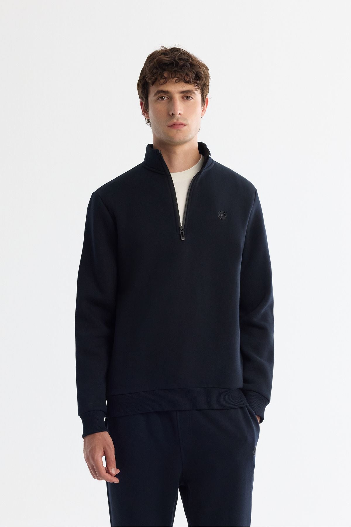 Men's navy blue upright collar zipper 3 -IP -Sweatshirt E001020