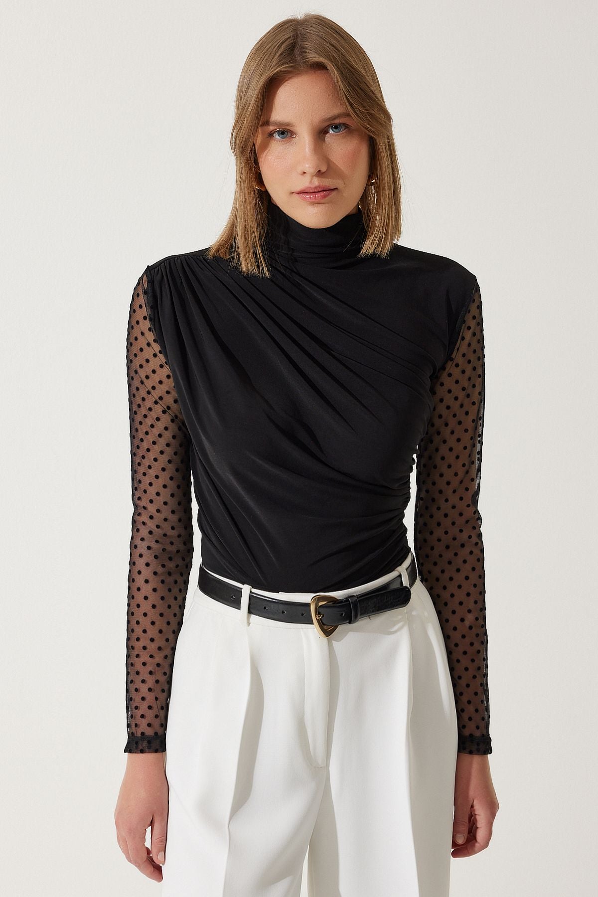 Female black polka dot lace sleeve shirred knitted blouse FF00163