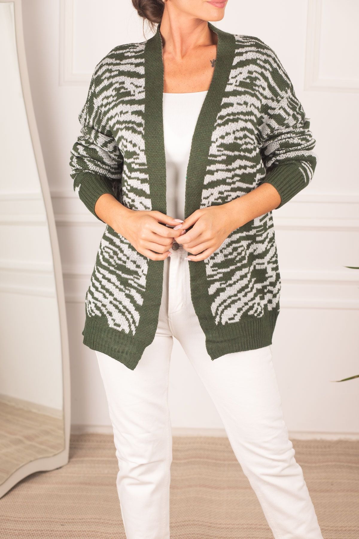 Women's Khaki Patterned Long Cardigan ARM-21K069002