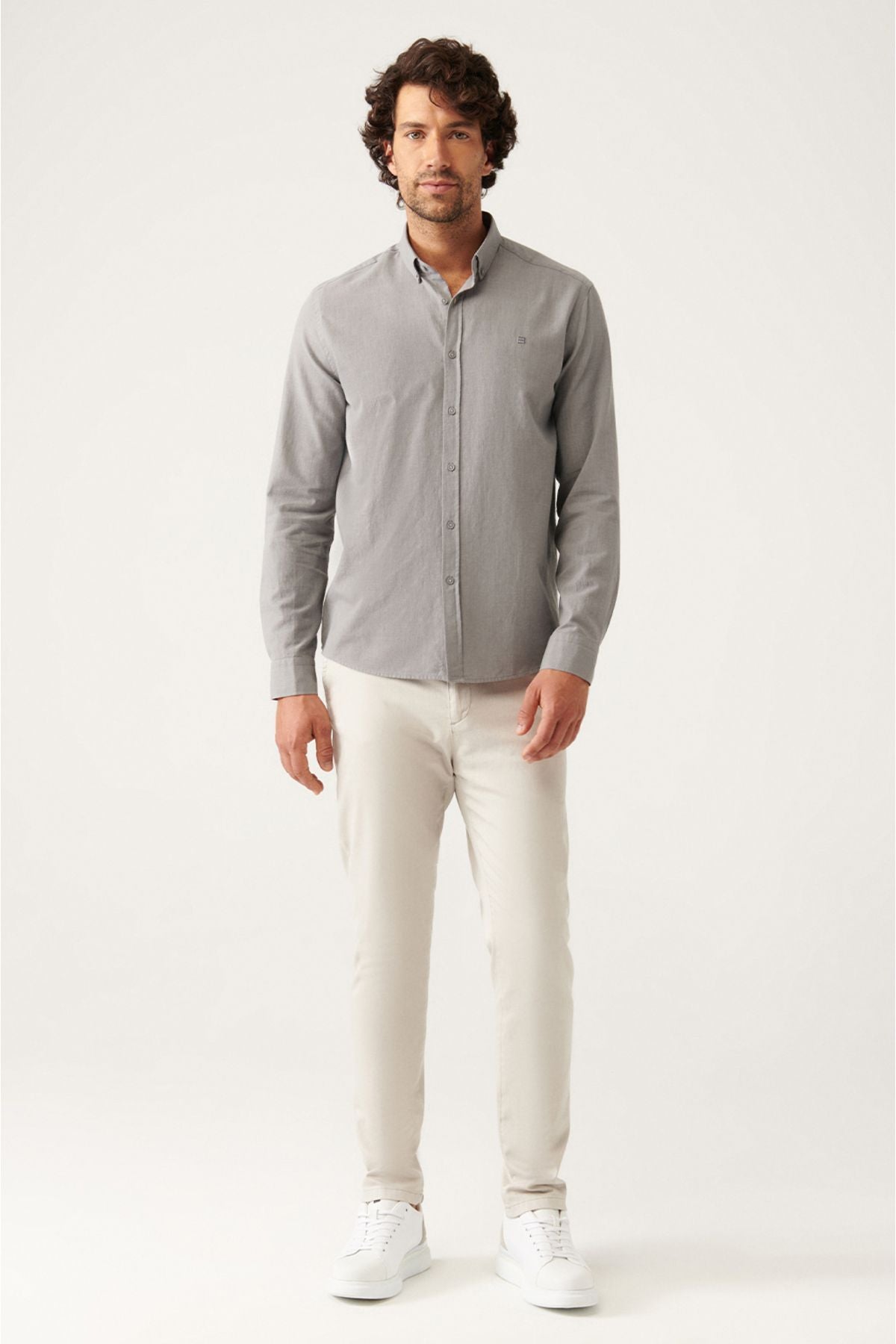 Men's anthracite buttoned collar 100 %cotton linen textured shirt E002141