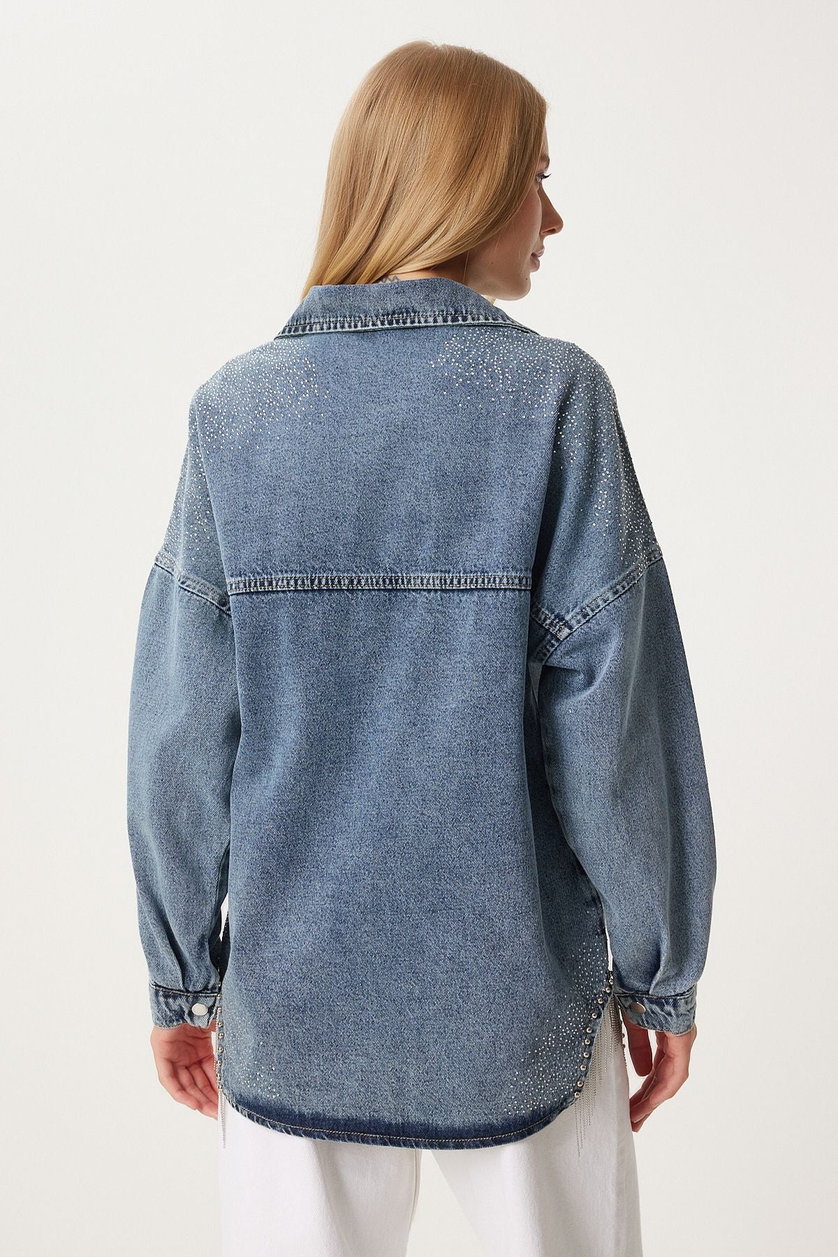 Woman Light Blue Chain Detailed Oversize denim jacket es00169