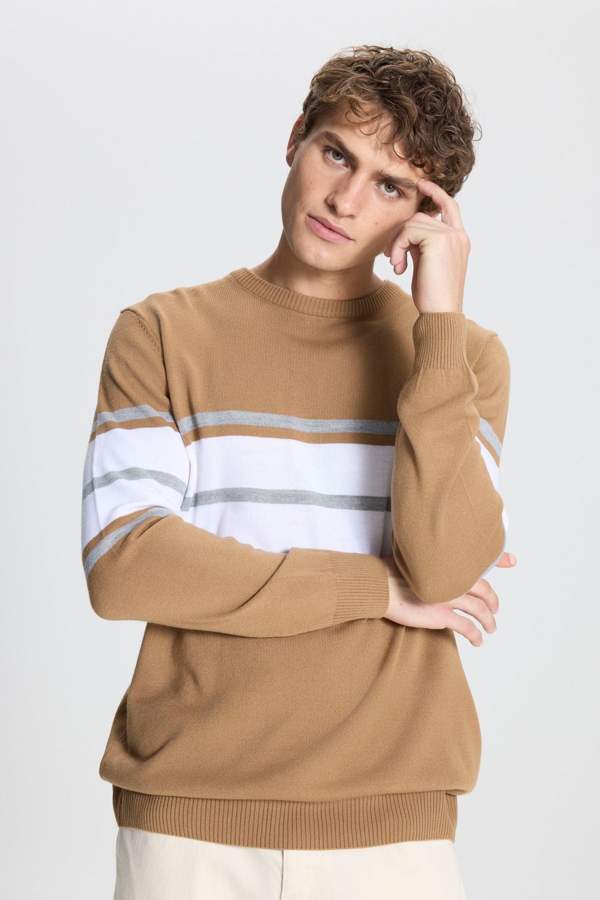 Men's light brown-crem standard fit normal cut normal cut bike collar striped knitwear sweater