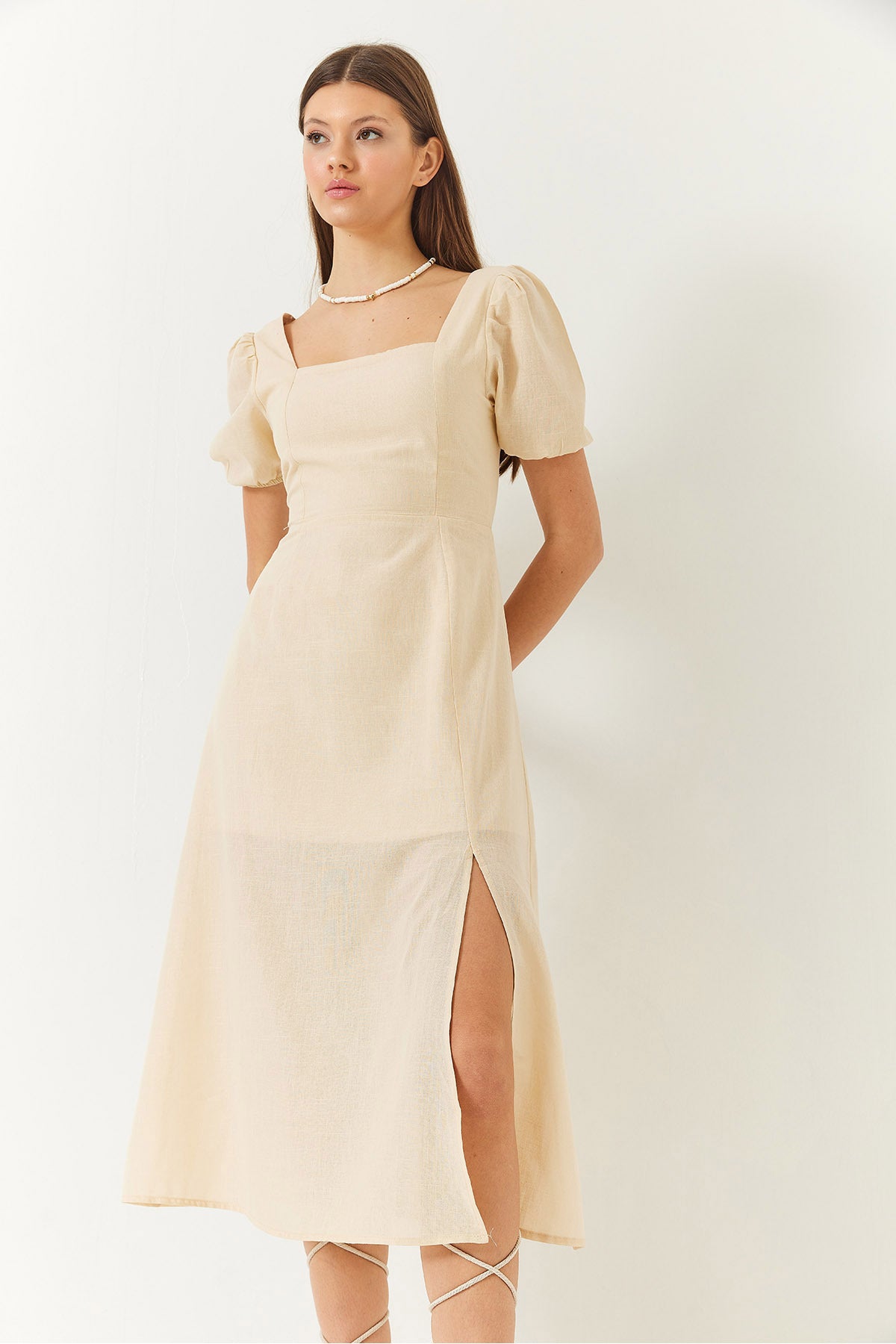 Women's Watermelon Sleeve Square Neck Back Detailed Slit Linen Dress 35174 60261427