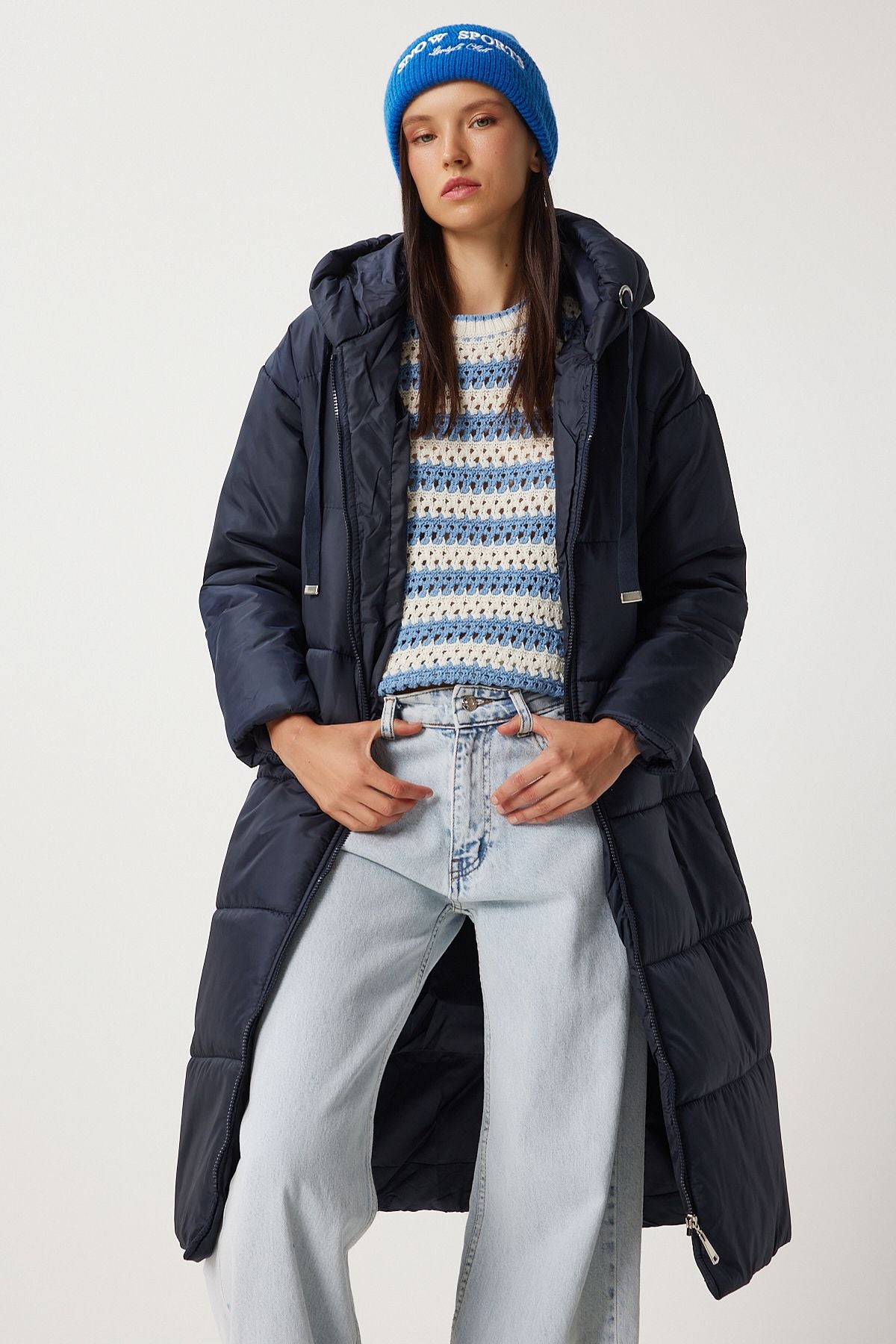 Women's Navy Blind Hooded Long Swelling Coat DD01006