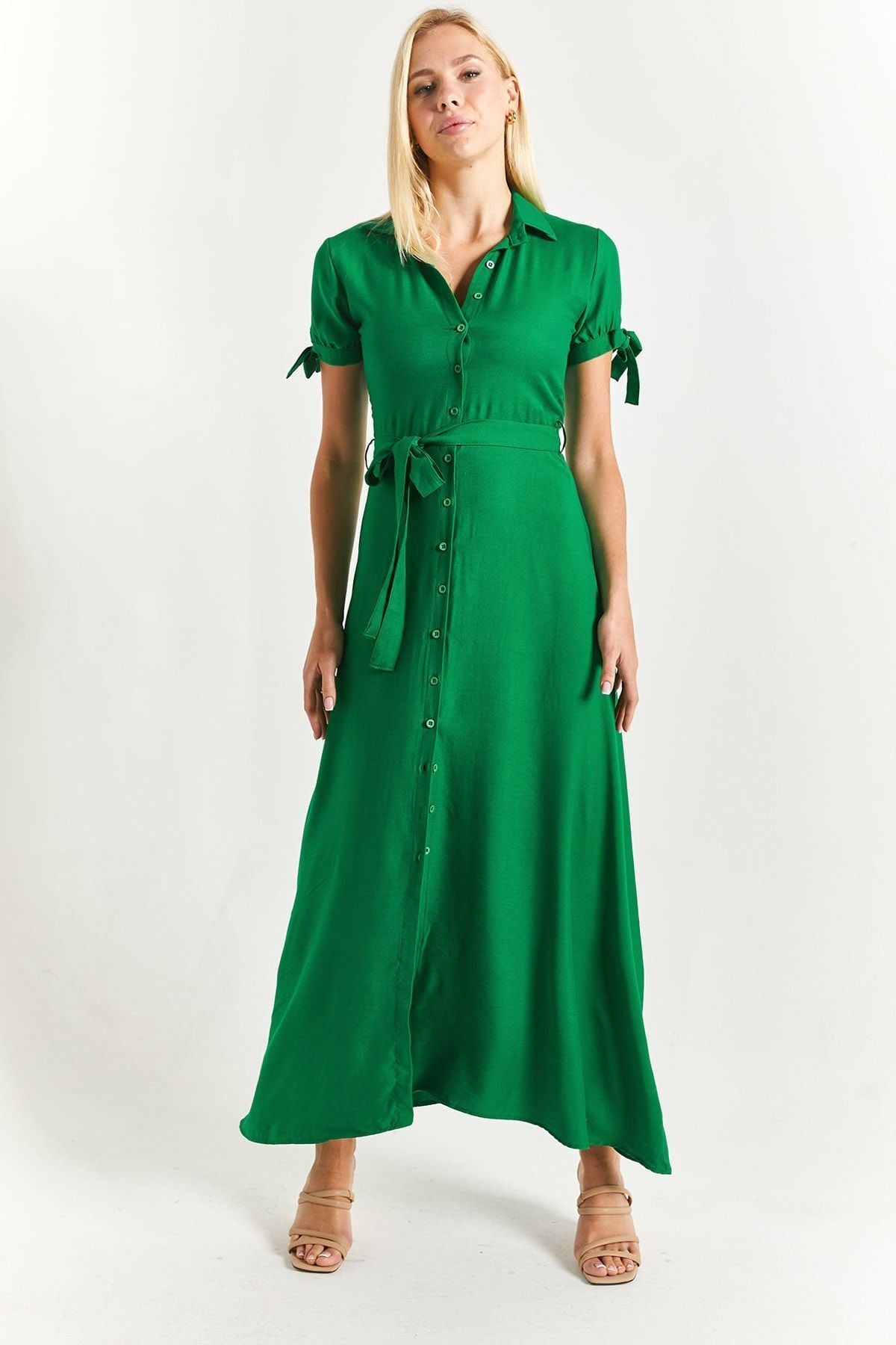 Female green arm connected waist belt shirt dress ARM-23Y001004