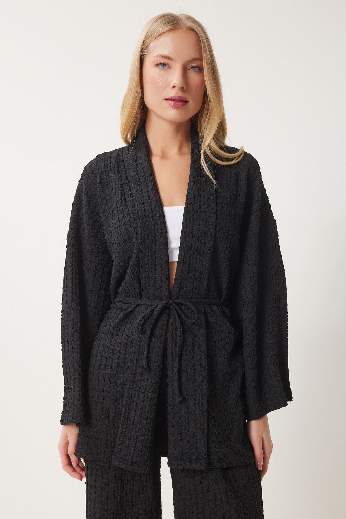 Women's black textured kimono pants knitting set an00217
