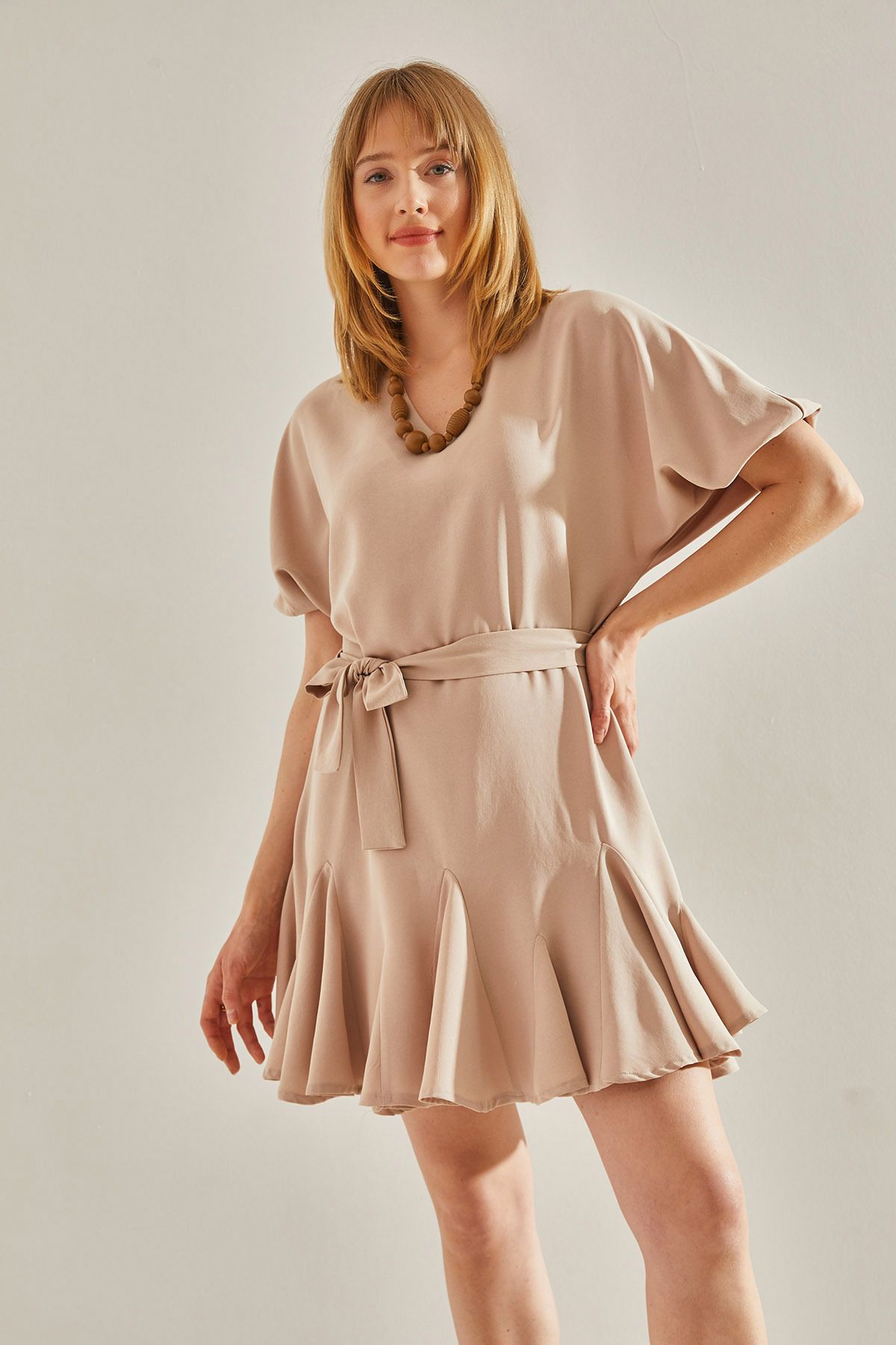 Female Beige Ruffle Detailed V -Neck Bidelite Dress 60251019