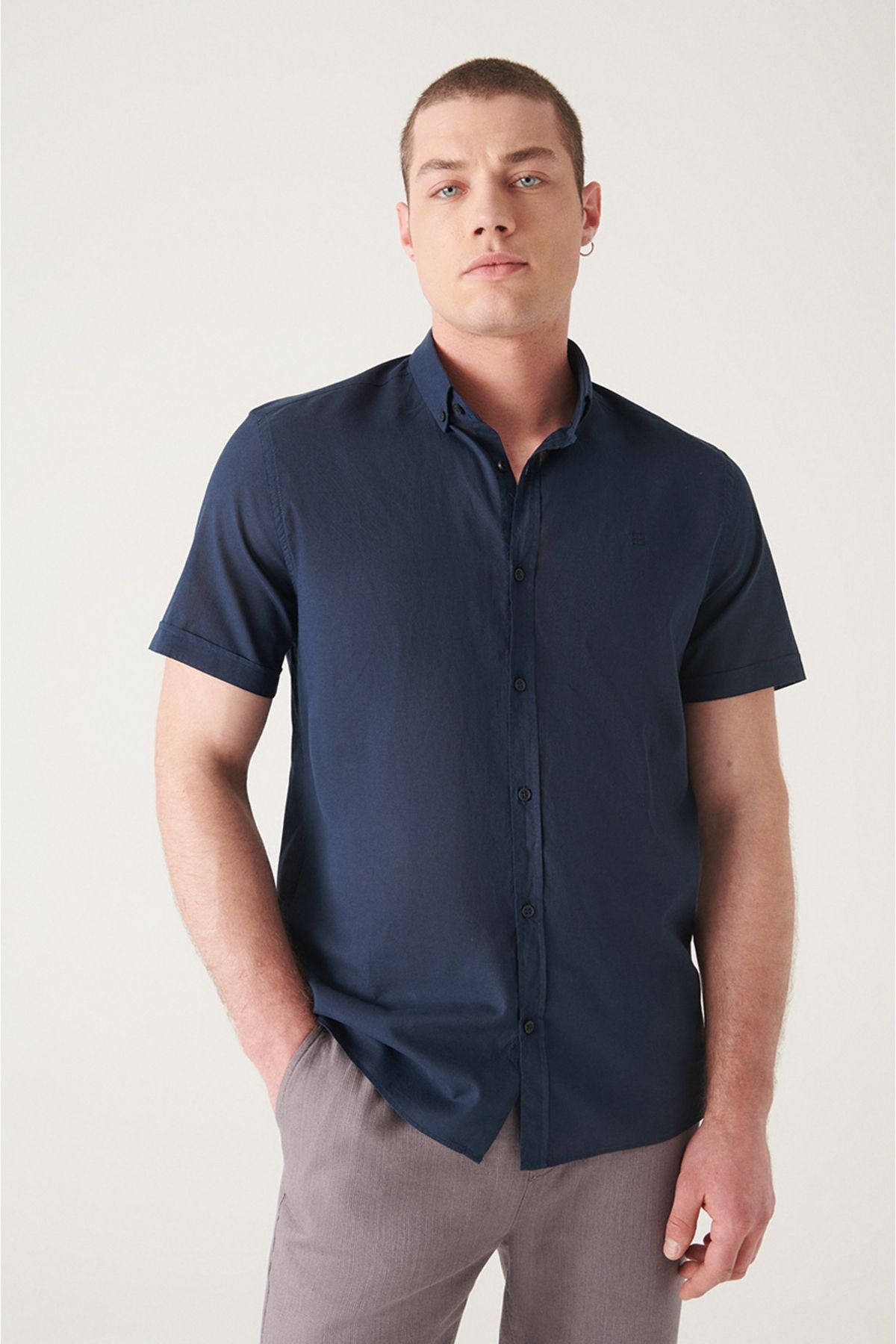 Men's Navy Blue Button Neck 100 %Cotton Futter Short Sleeve Regular Fit Shirt E002210