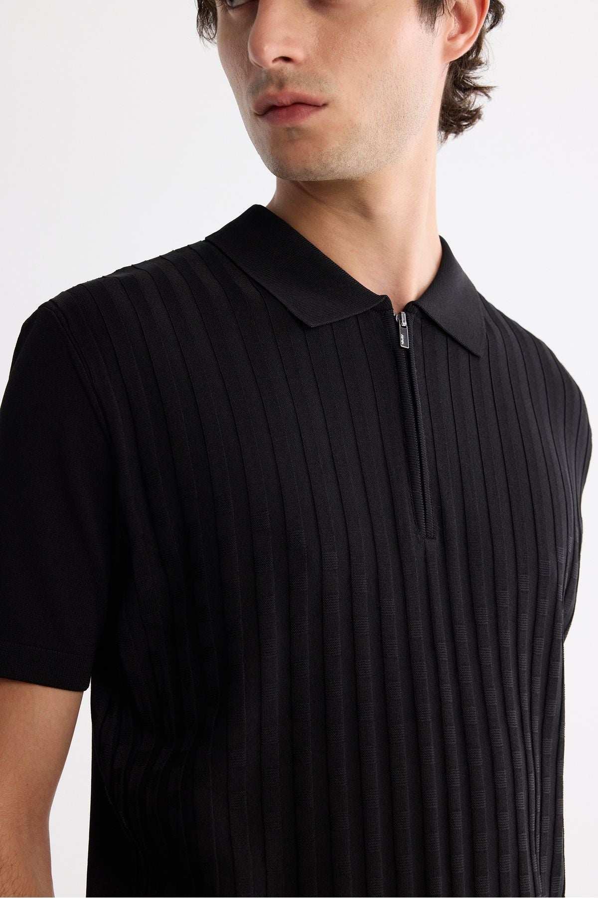 Men's Black Polo Yaka Zipper Rayon Triko T-Shirt A42y5128