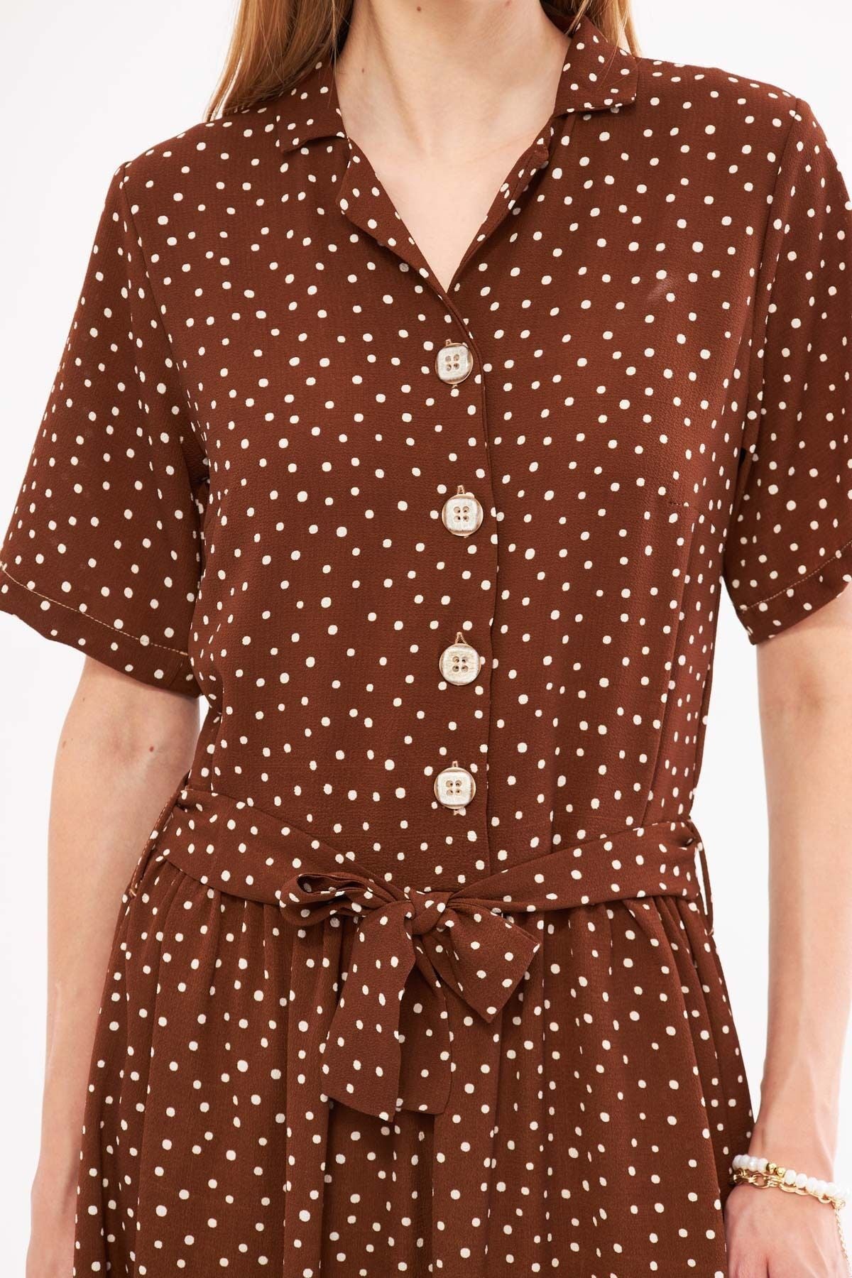 Female coffee front buttoned waist shirred belt midi size dress ARM-24Y001068