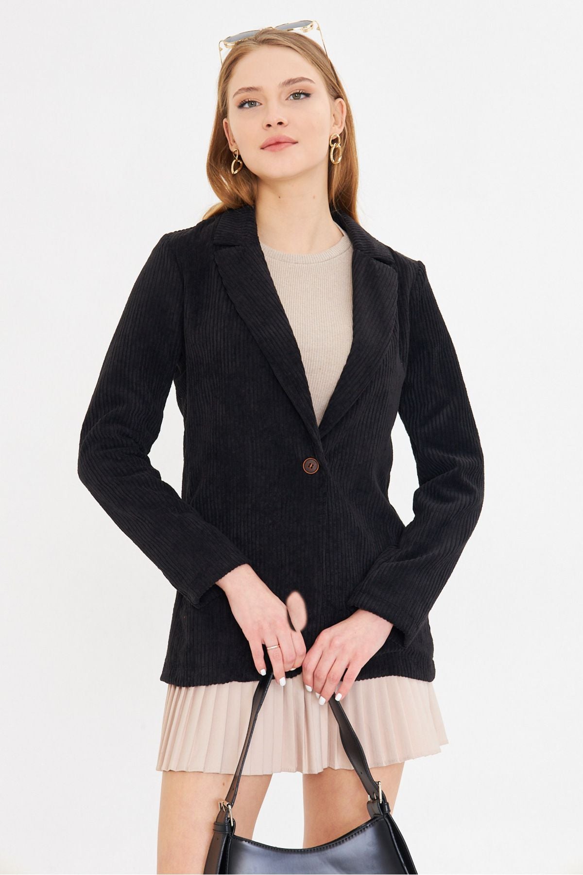 Woman Black Single button Velvet Jacket ARM-25K001108