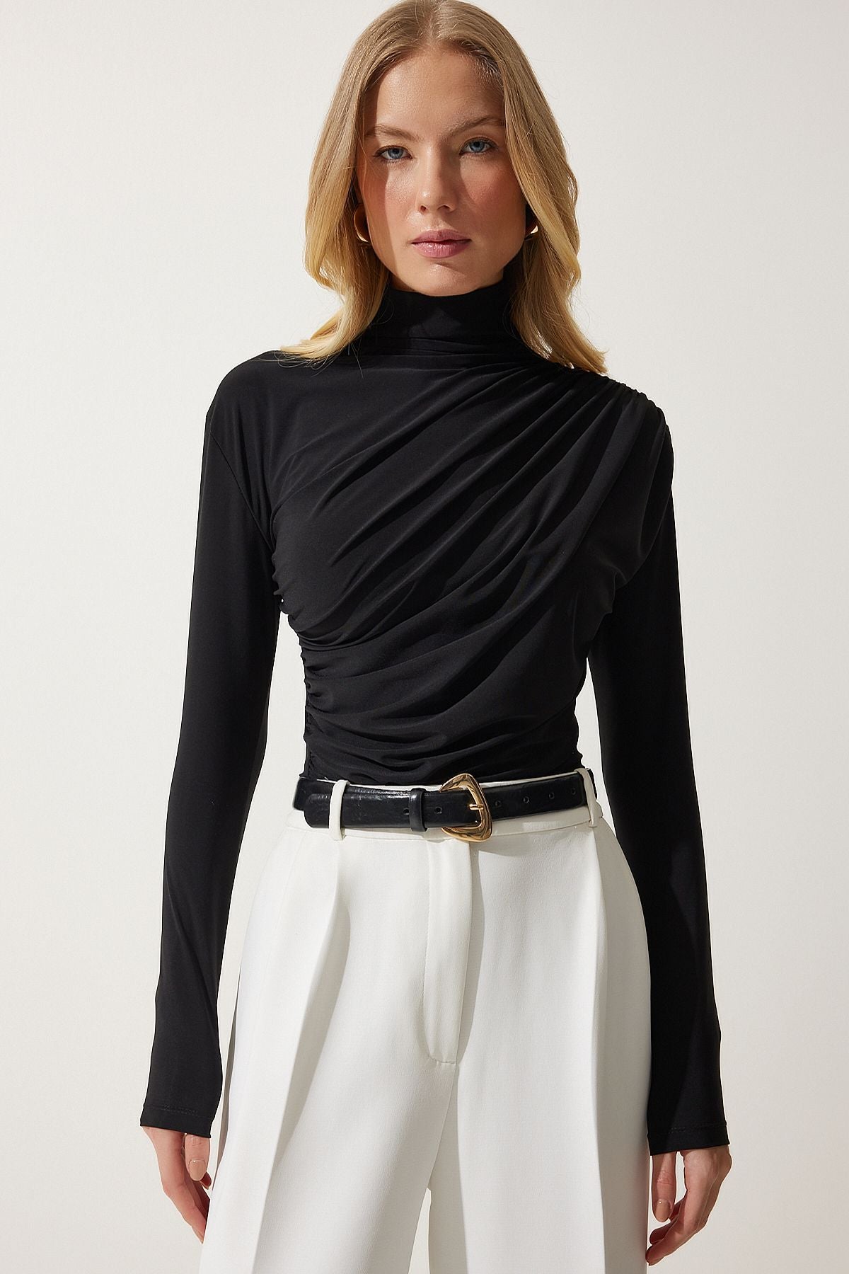 Female black shirring detailed upright collar sandy blouse FF00135
