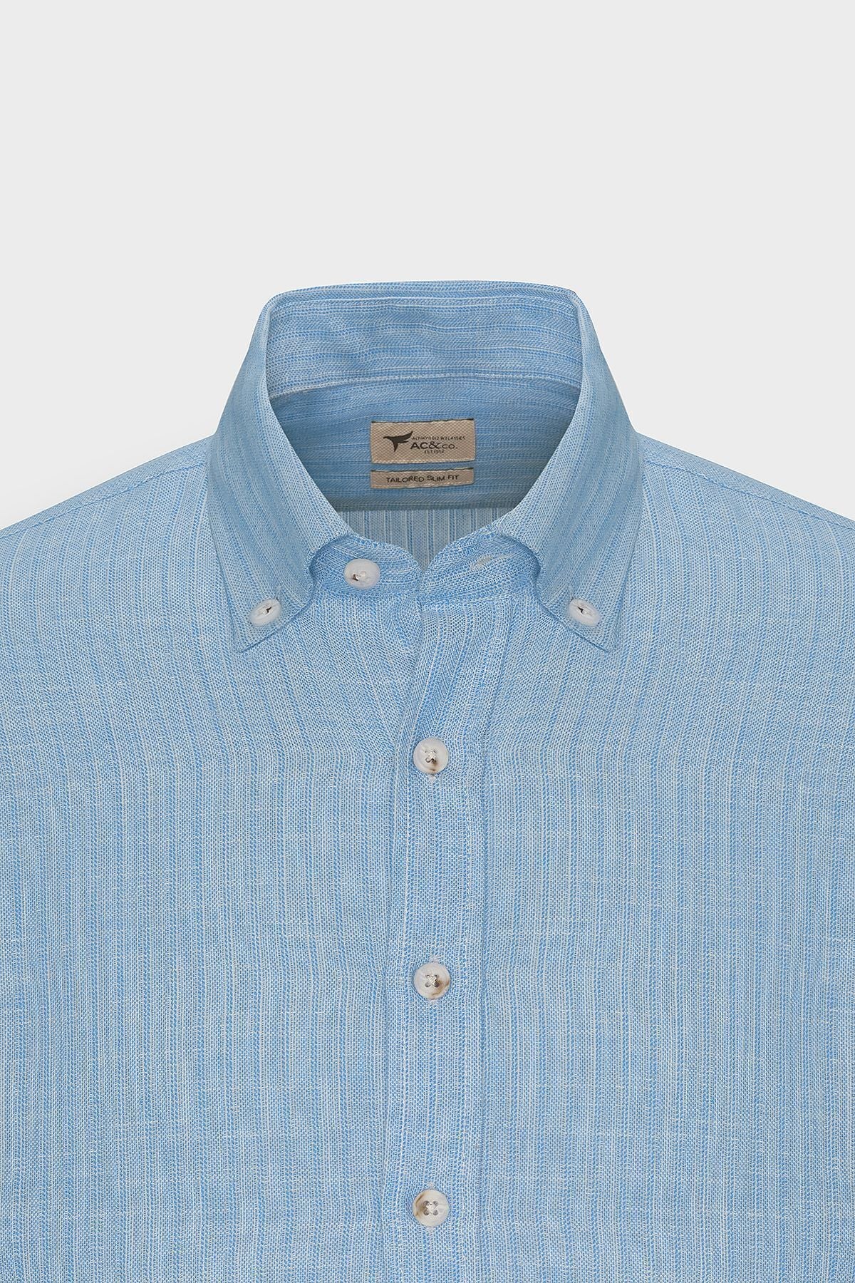 Men's green 100 %cotton slim fit narrow cut hidden buttoned collar linen -looking flalam shirt
