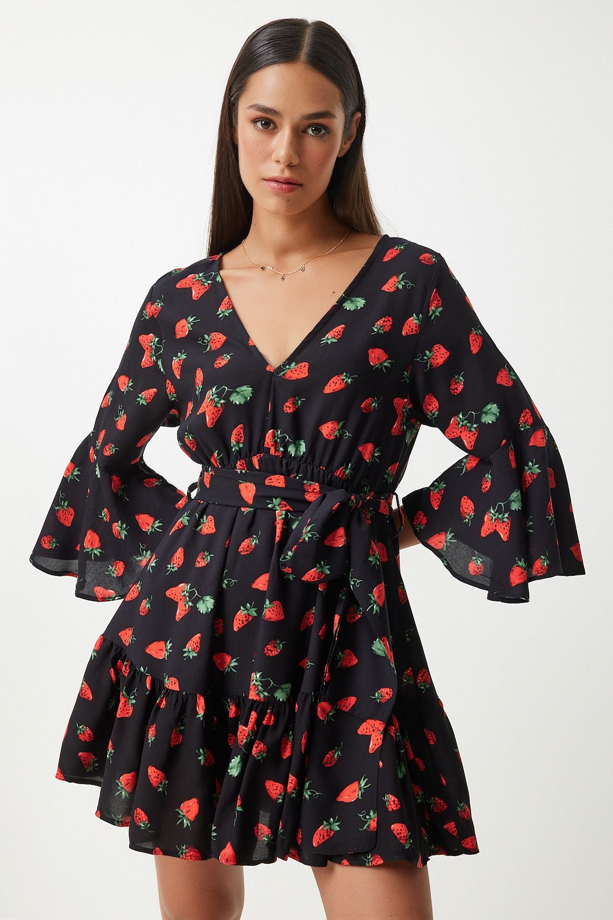 Woman Red Black Patterned Summer Viscon Clash Dress FN03202