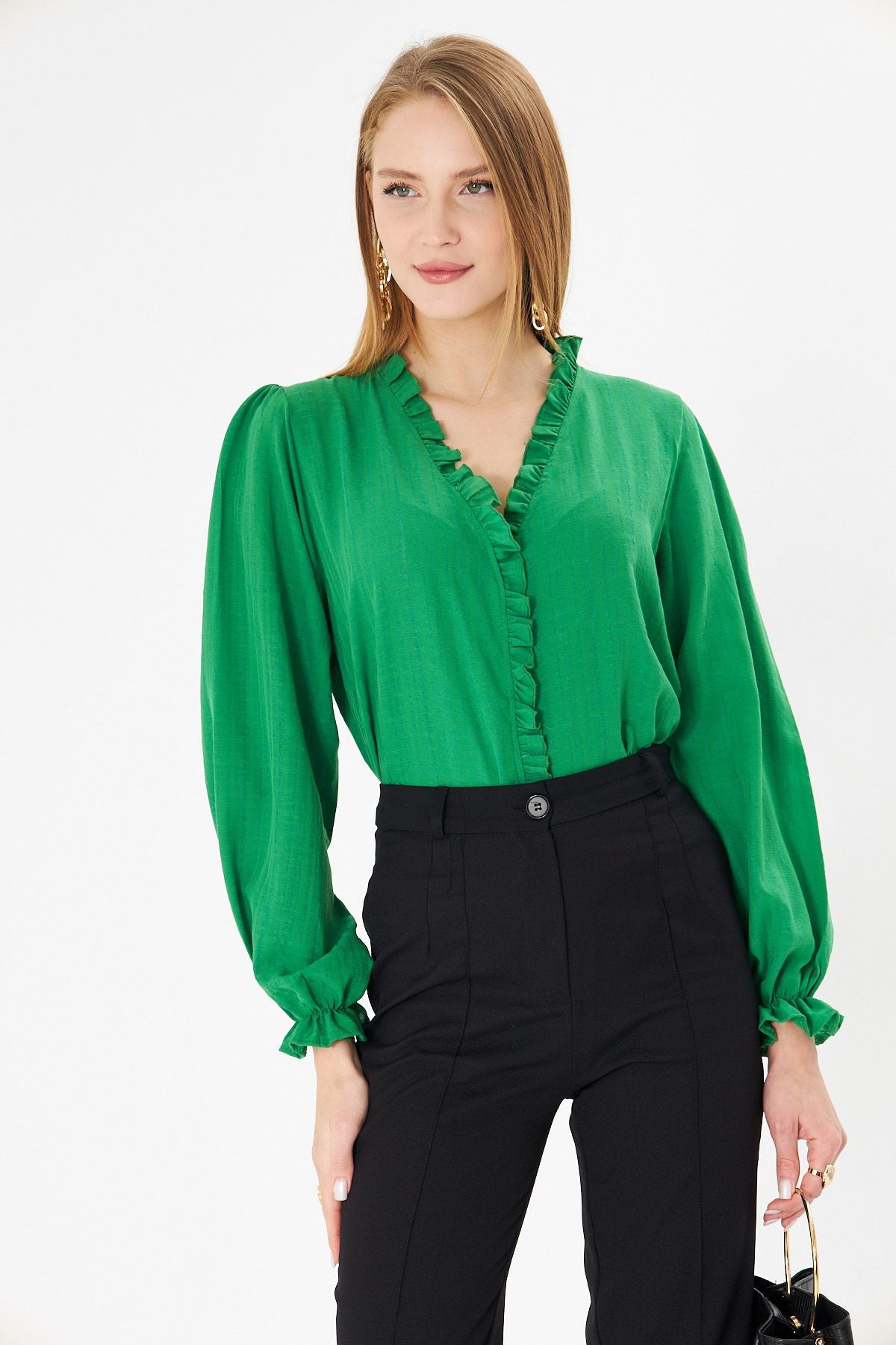 Female Green Side and Ruffle Detail Arms with Rubber Long Sleeve Blouse Arm-25k001030