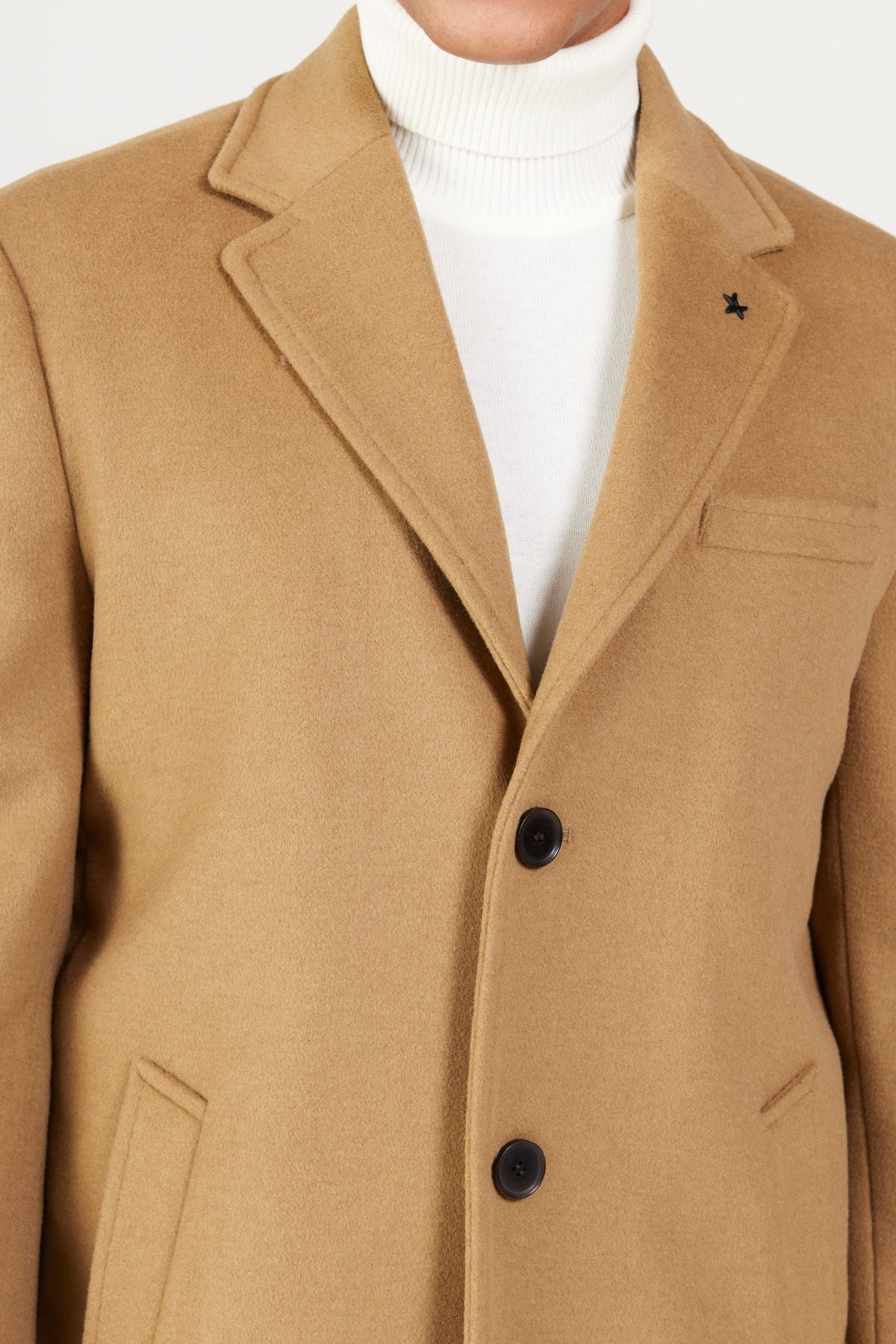 Men's Camel Standard Fit Normal Cut Mono Yaka Wool Coat