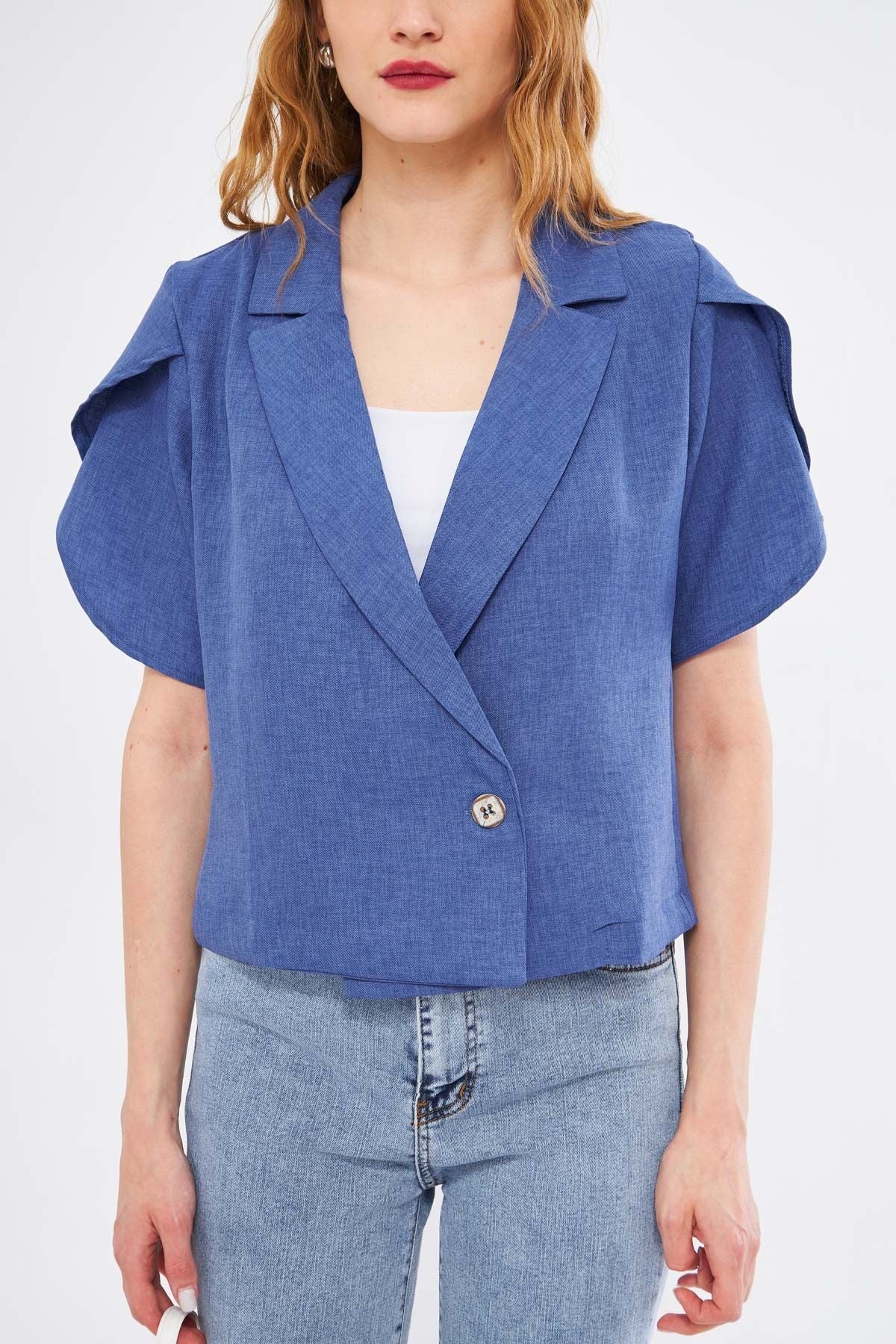 Woman Dark blue ikosiokto jacket handle slit detailed crop short sleeve ARM-24Y001048