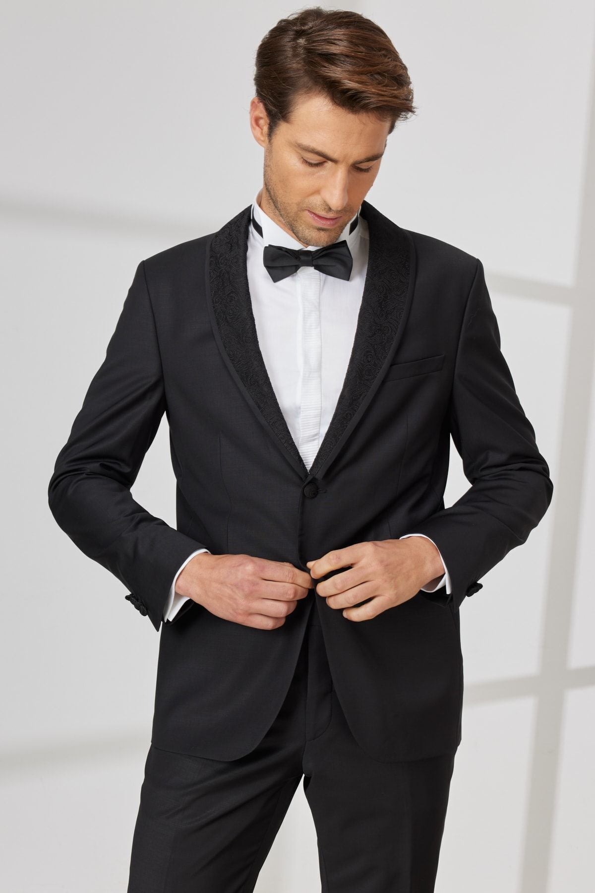 Men's black slim fit narrow cutting shawl collar woolen tuxedo set