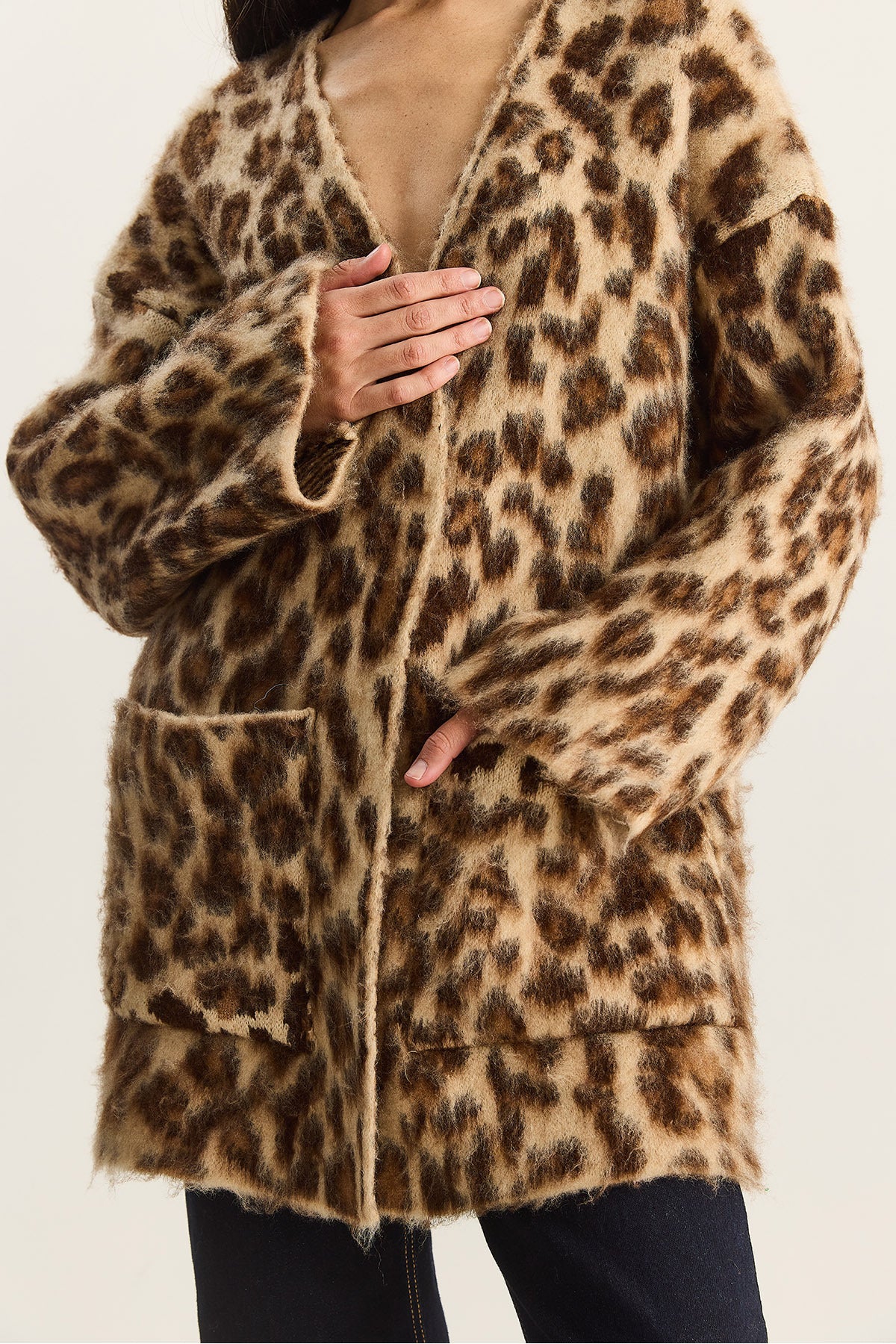 Women's Pocket Detailed Patterned Oversize Rose Gold Knitted Cardigan 20251101