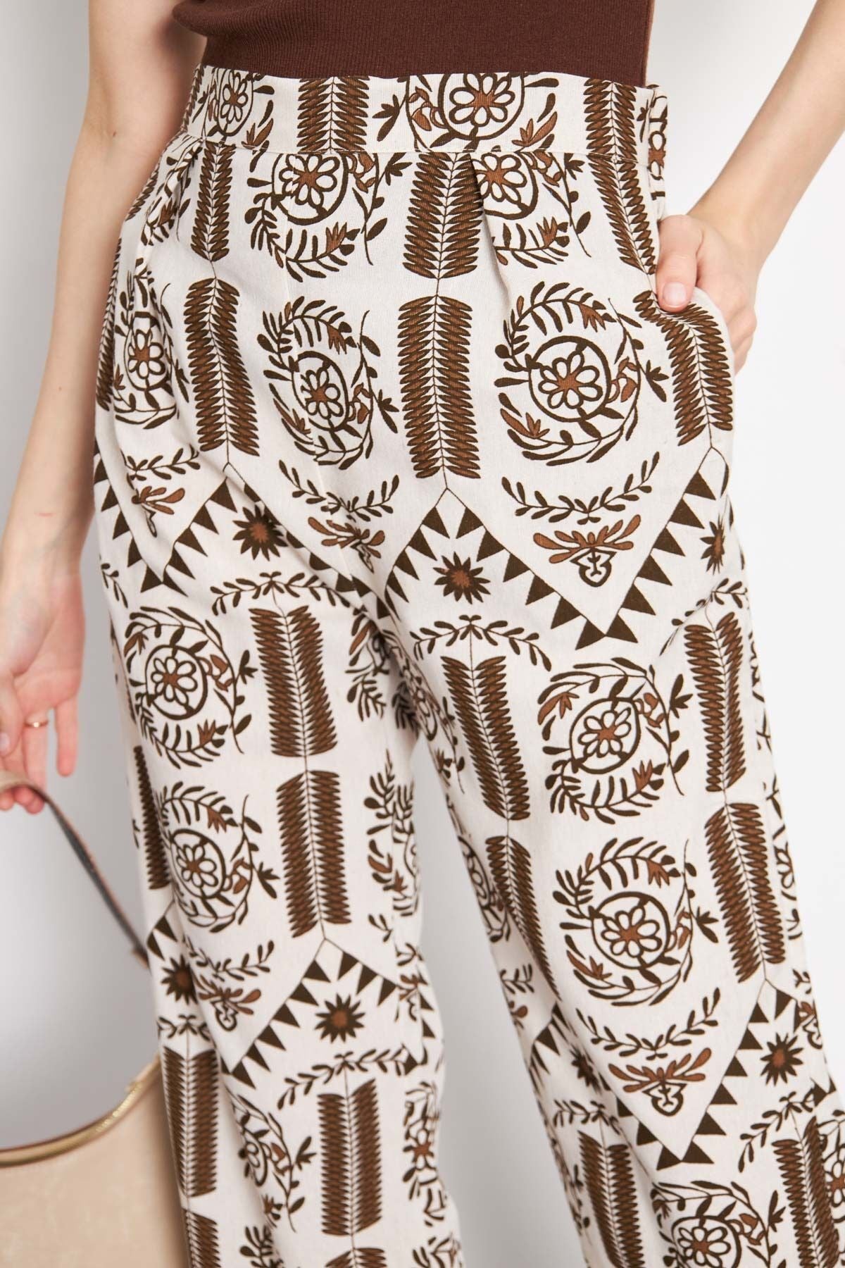 PALAZZO Pants with Female Coffee Linen Looking Patterned Patterned Patterns ARM-24Y001069