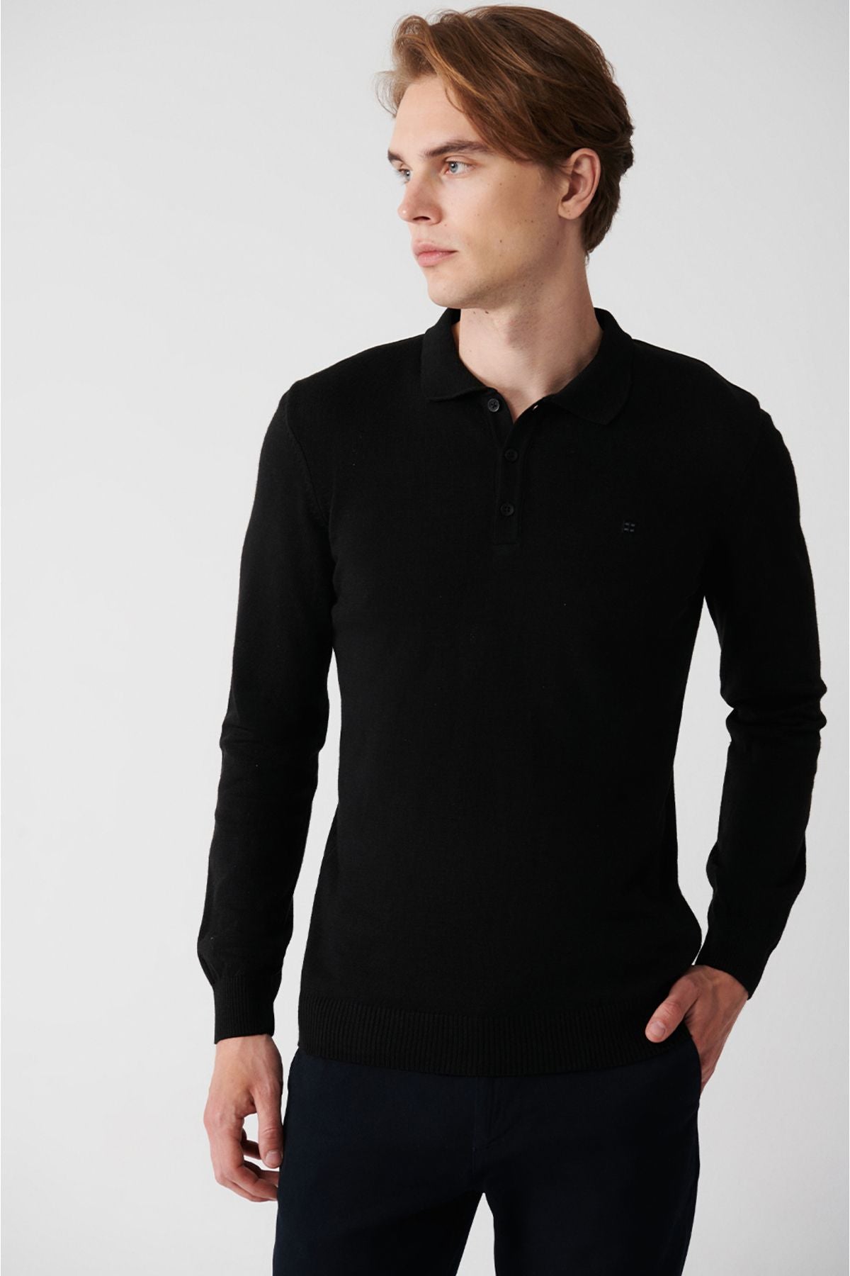 Men's Black Knitwear Sweater 3 Button Polo Neck Regular Fit E005006