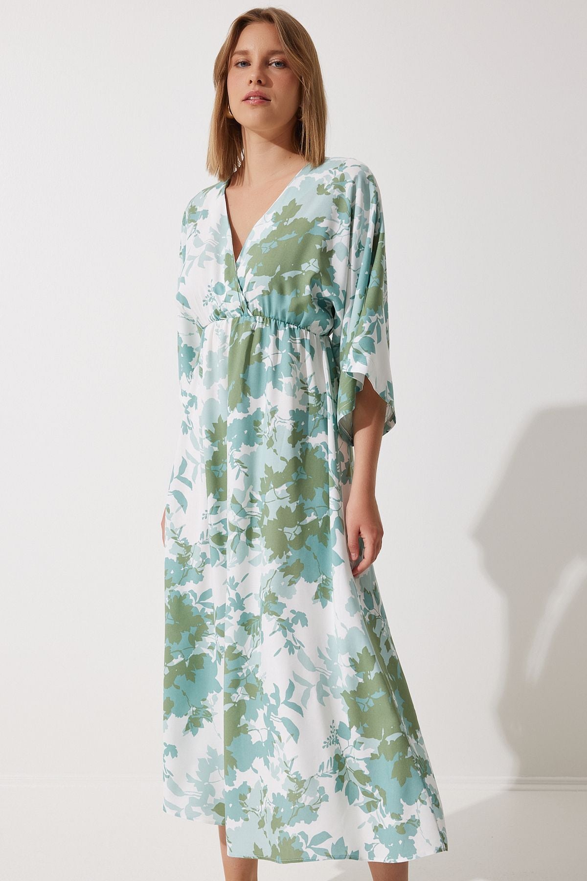 Women's Cagla Green Anvelop Yaka Patterned Summer Viscose Dress DK00166