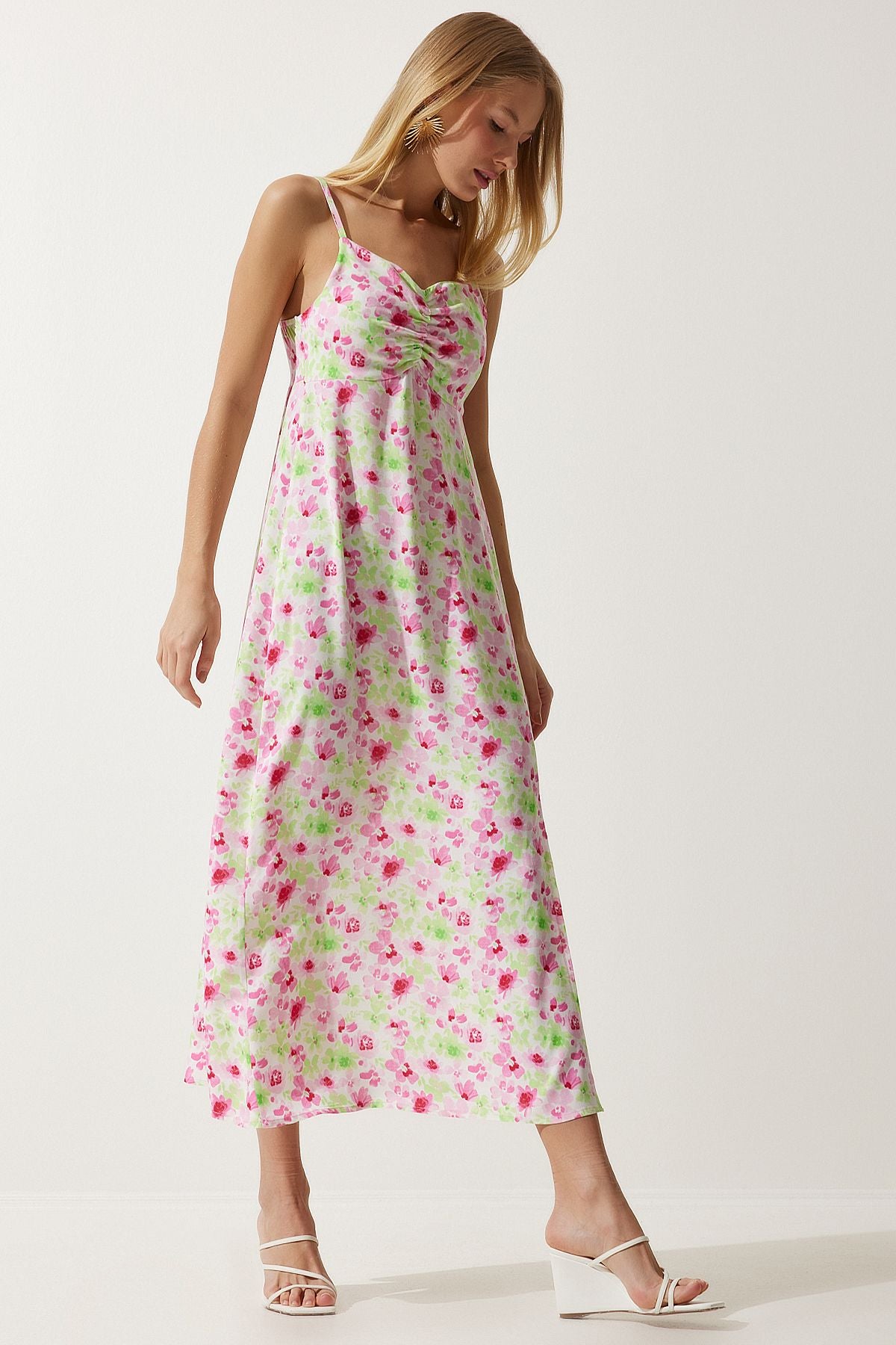 Female green pink strap pattern viscose dress ub00236