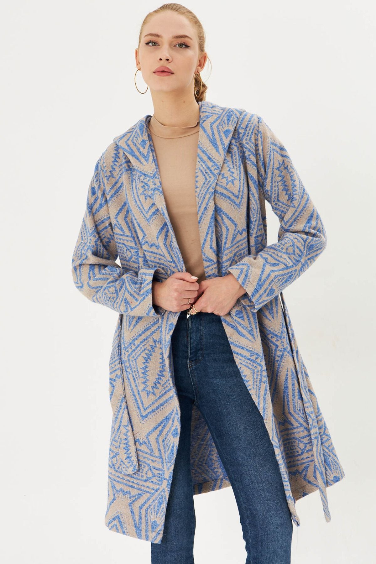 Woman Blue Hooded Waist Tie Mobile Detailed Coat Arm-25k001054