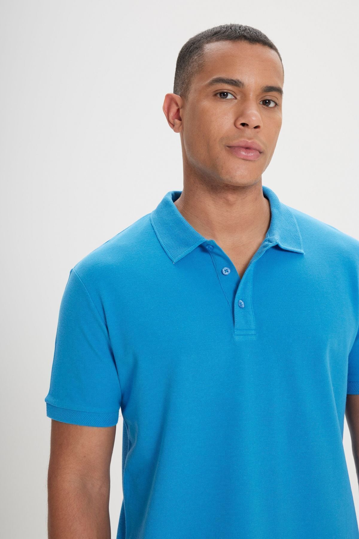 Men's turquoise 100 %cotton curved pike polo collar slim fit narrow cut t -shirt