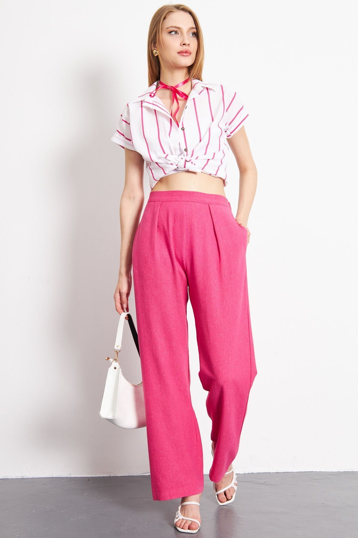 Fuchsia Fuchsia linen-looking pocket Palazzo Trousers ARM-24Y001070