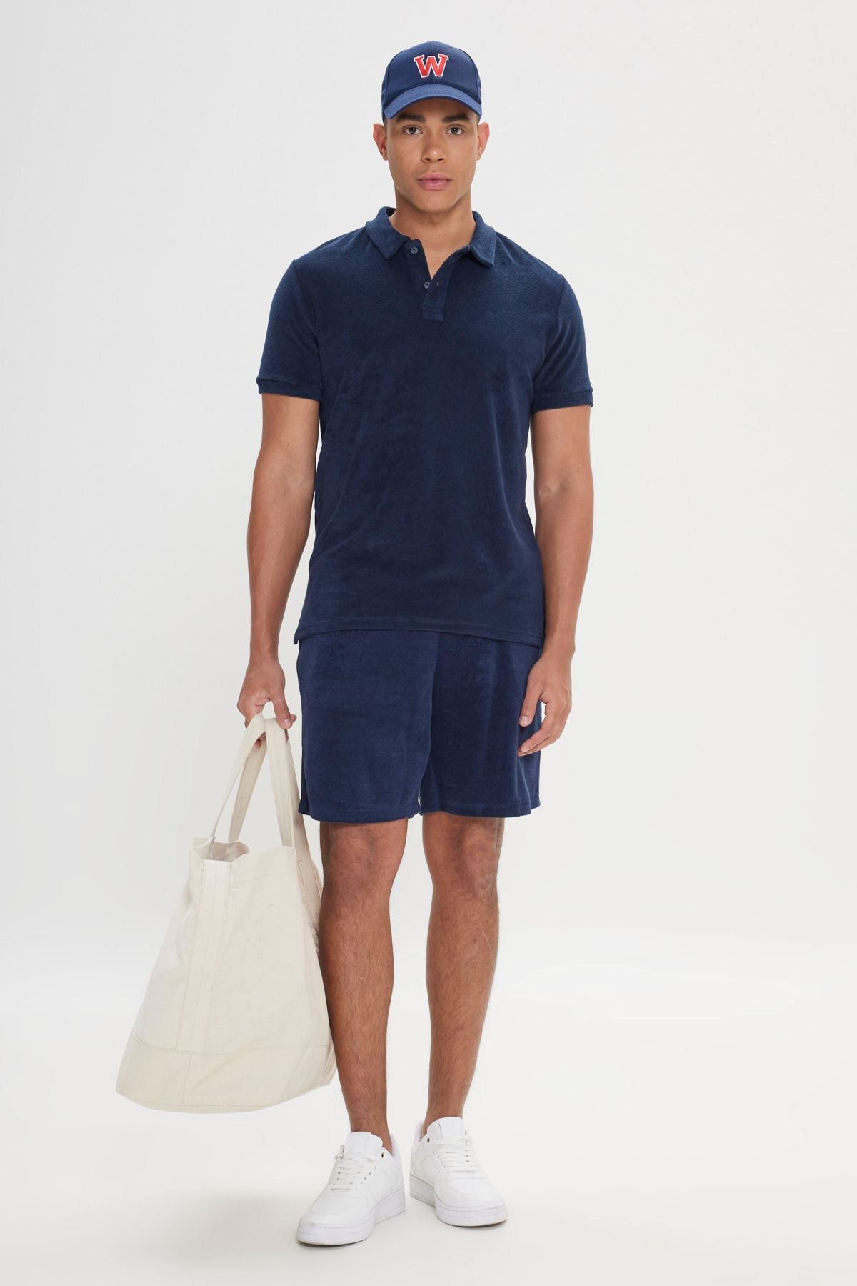 Men's navy blue standard fit normal cut towel shorts