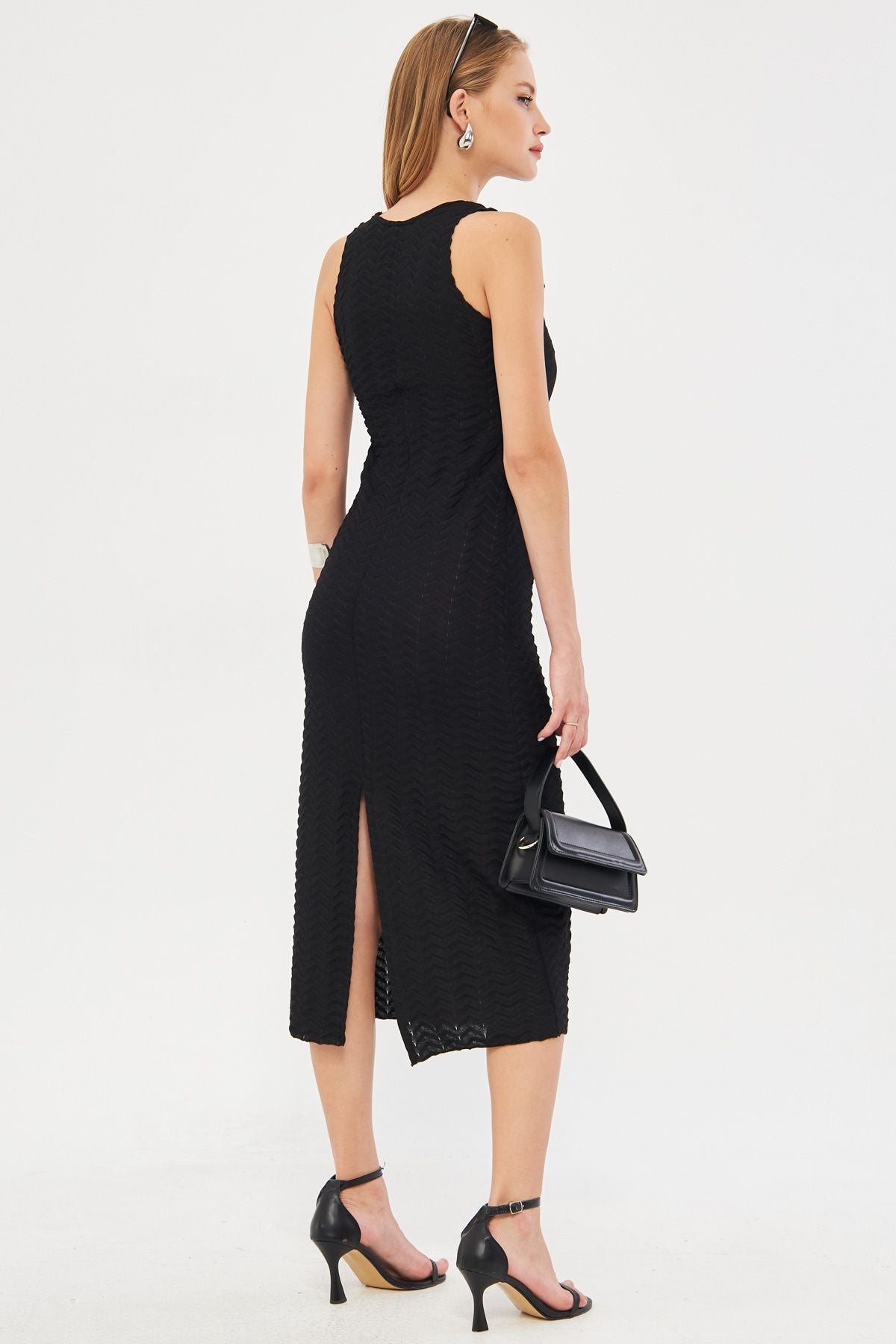 Female Black V-Neck Sitting Behind Behind Slitting Patterned Midi Boy Dress ARM-24Y001102