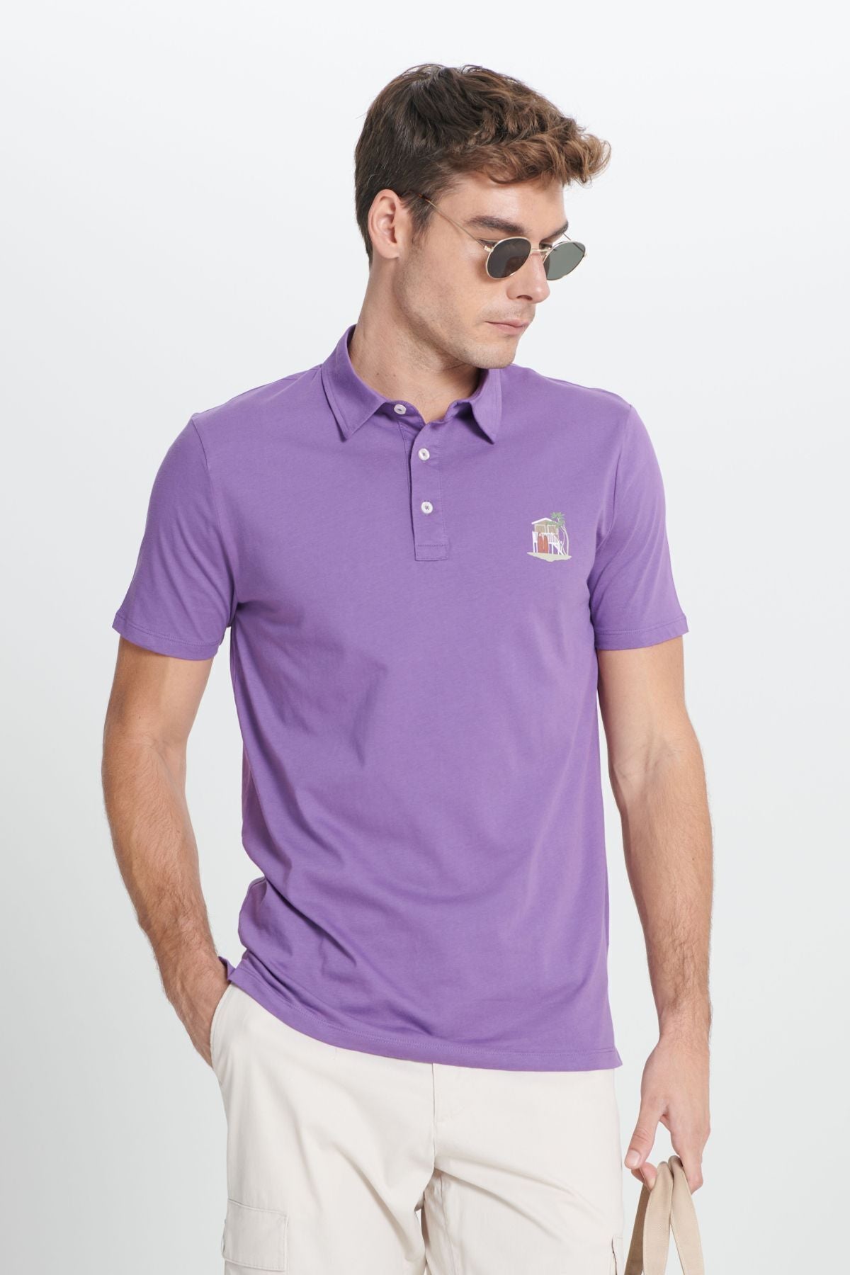 Male Purple Standard Fit Normal Cutting 100 %Cotton Soft Table Printed Polo Yaka T -shirt