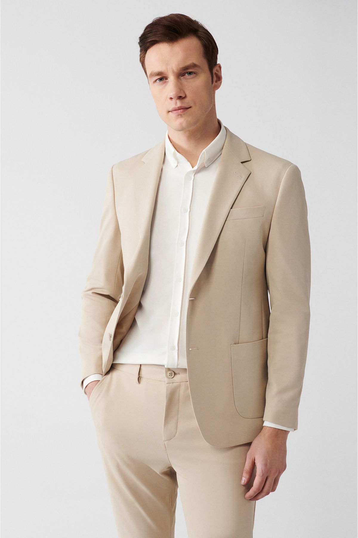 Men's beige mono collar lined slit jersey fabric jacket B004000