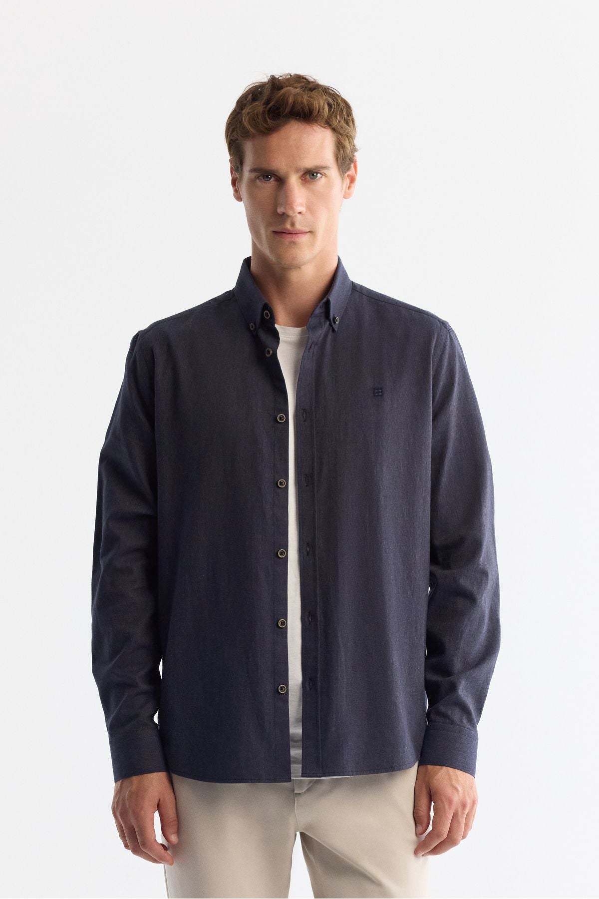 Men's dark navy blue button collar 100 %cotton shirt B002033